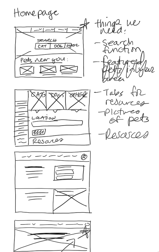 Paper wireframes for the home page