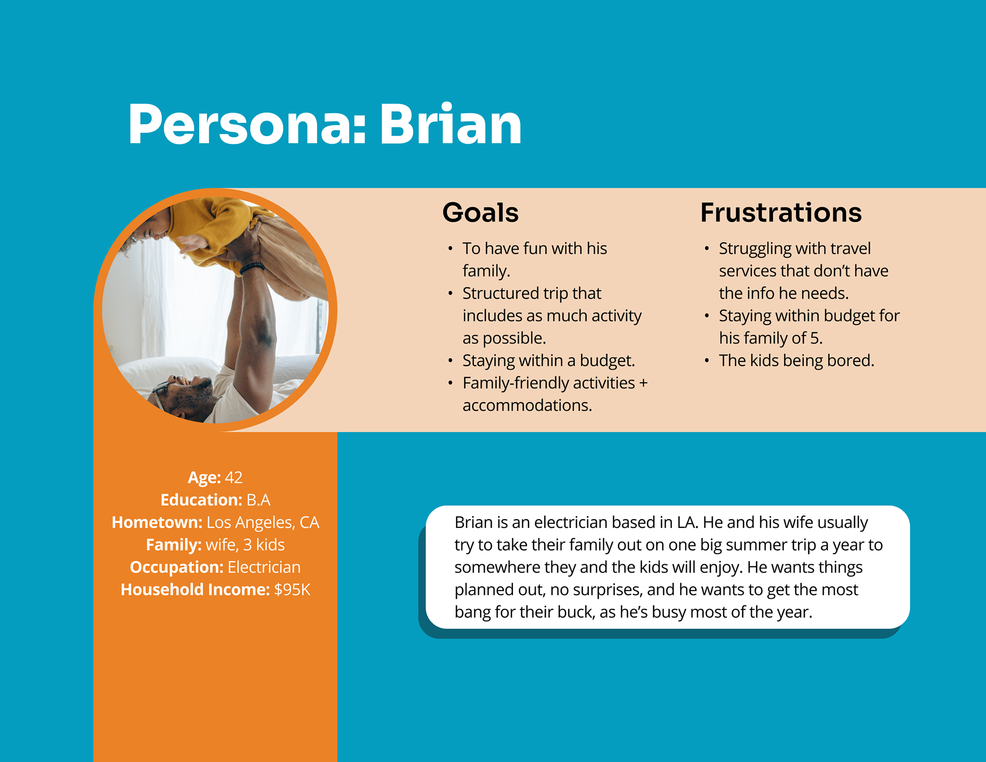 Persona of Brian: 42 yr old electrician, father of three. Wants to be able to easily book a family-friendly trip that meets his family's needs.