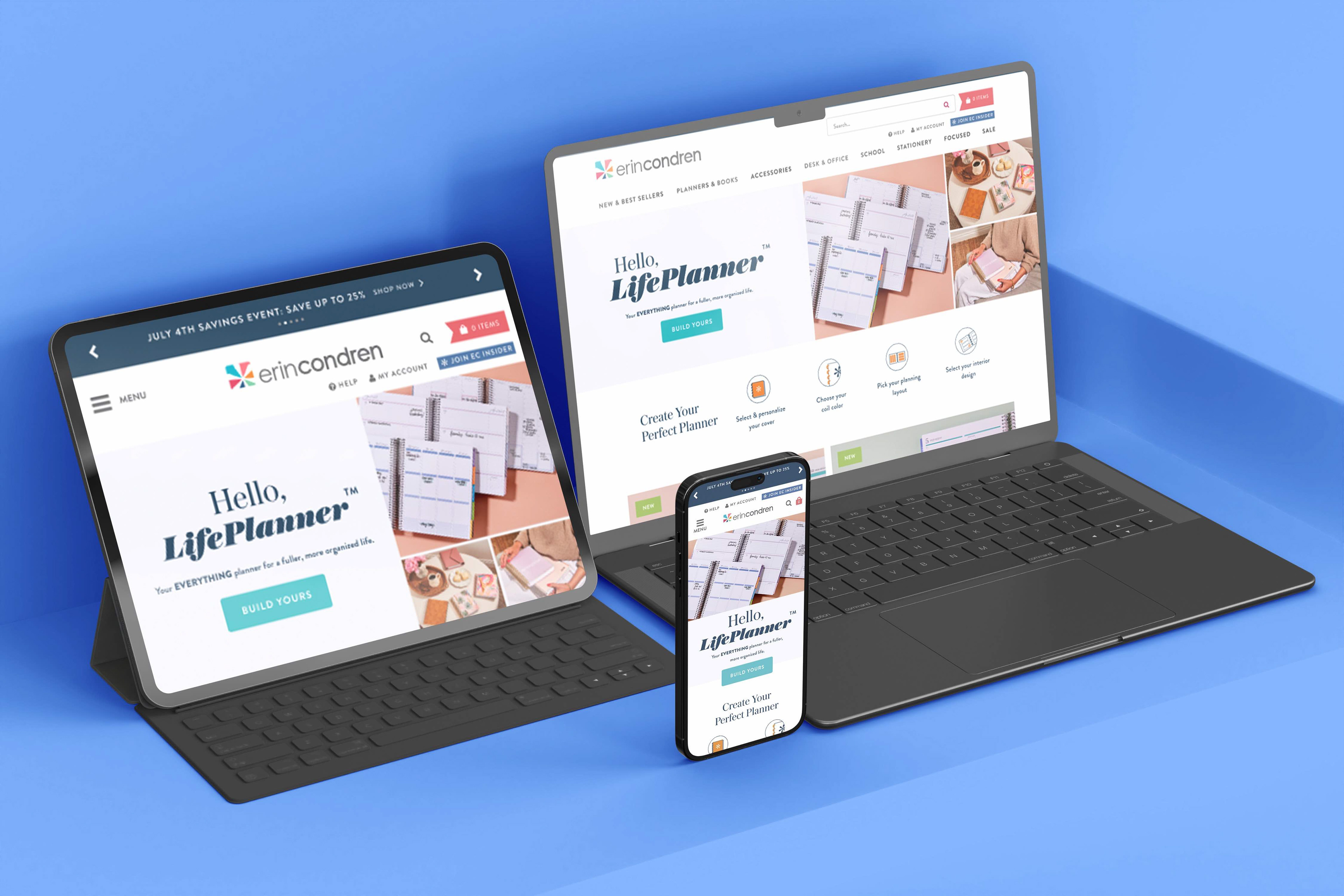 New Erin Condren homepage shown on multiple devices: Laptop, mobile, and tablet.