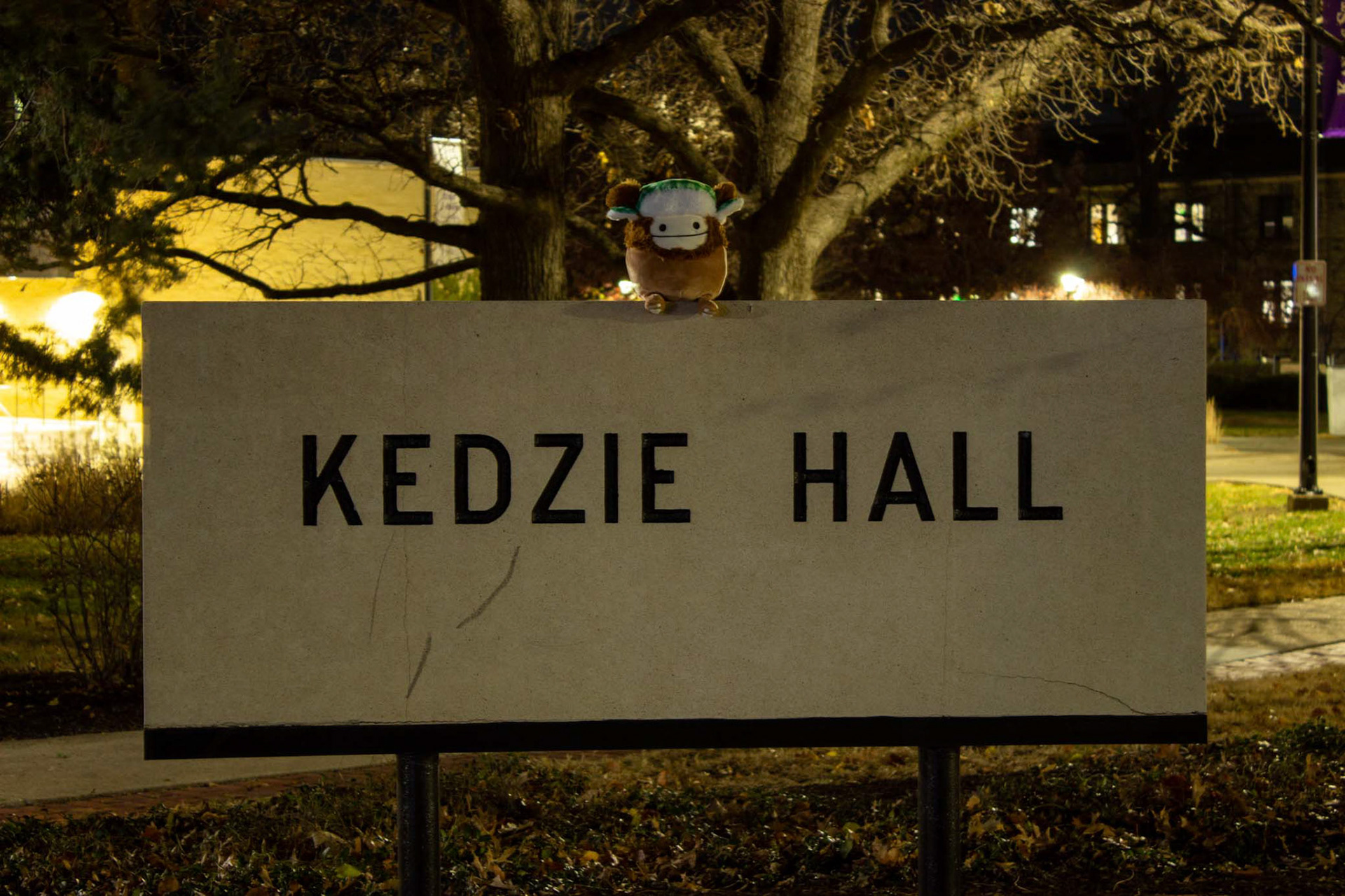 Benny dangles his feet over the Kedzie Hall sign. Benny is one of few Squishmallows with feet. (Included on @CarterintheStars)