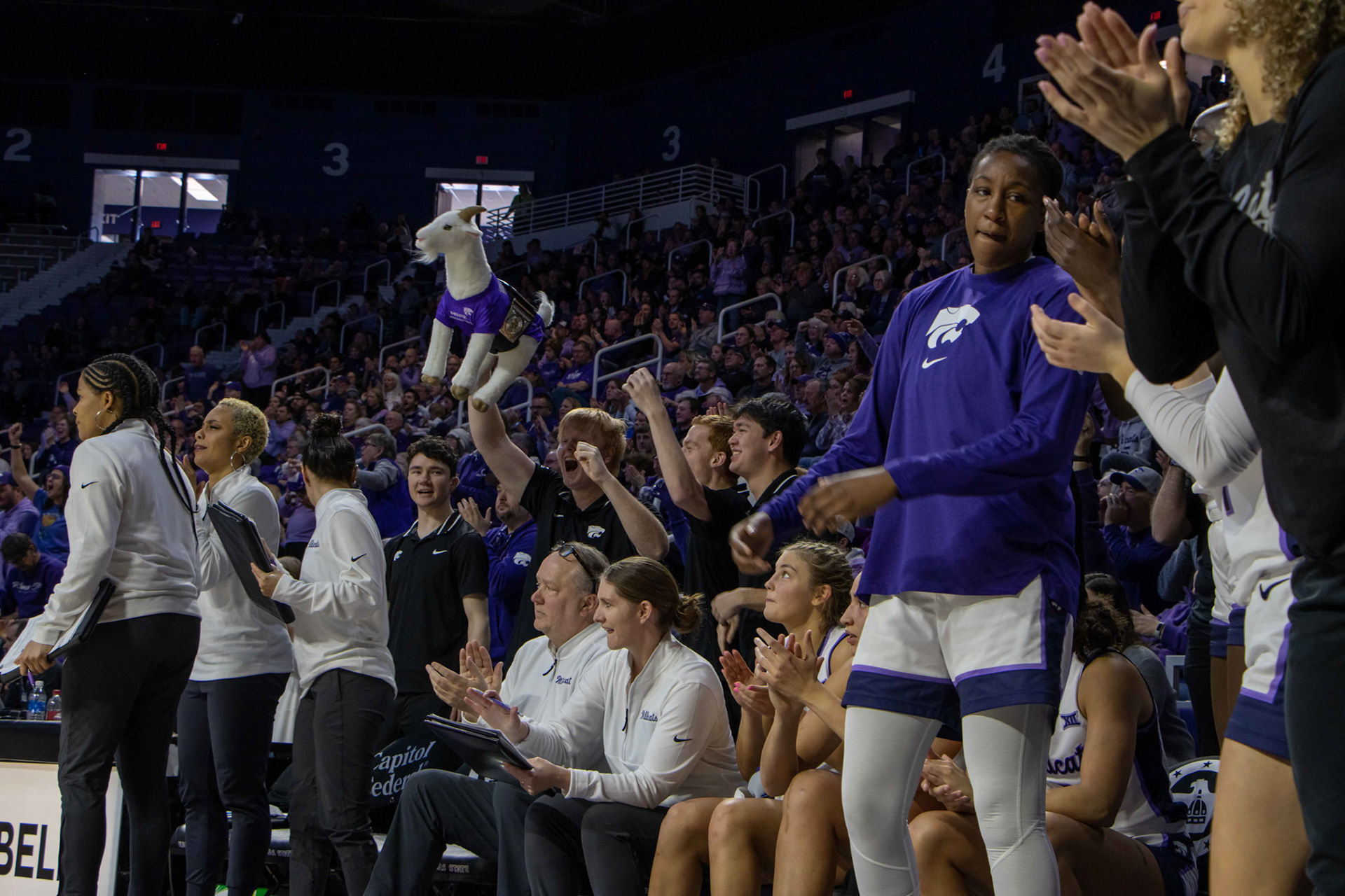 The women's basketball team managers hold up Gappy the Goat. Every time the women's basketball team gets three defensive stops, a team manager holds up Gappy in celebration.