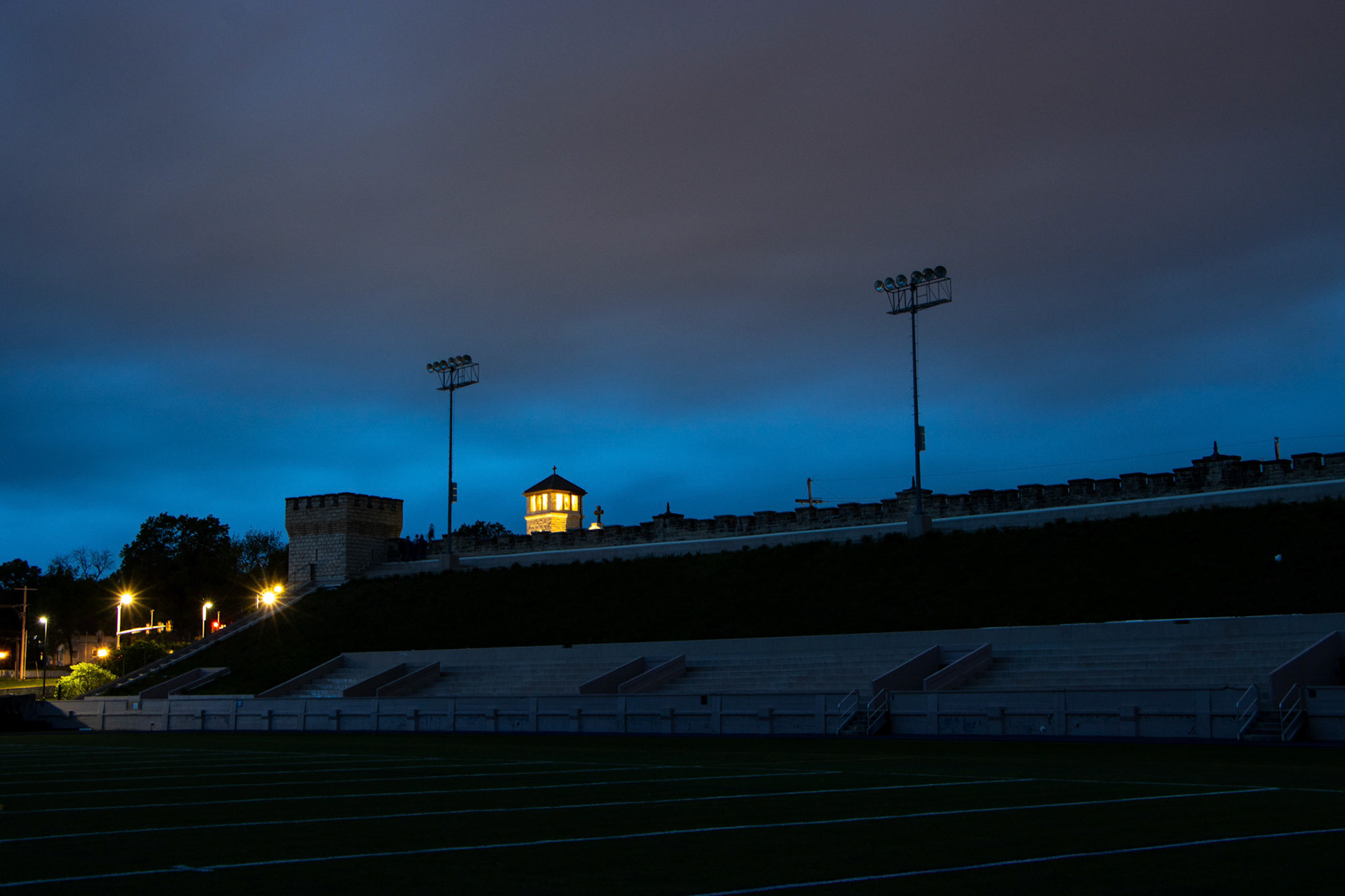 St. Isidore's Catholic Student Center behind the east wall of WWI Memorial Stadium