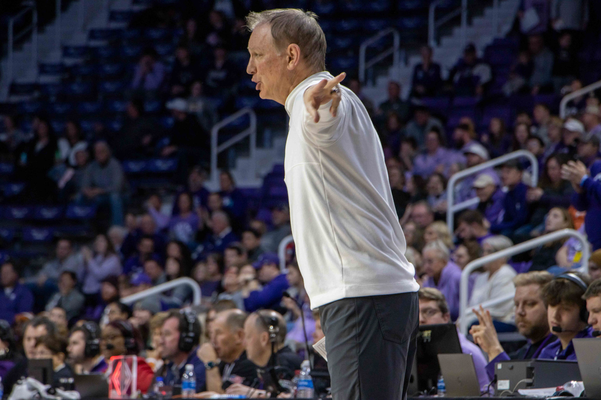 Head coach Jeff Mittie directs the offense in the third quarter against Texas. No. 12 K-State beat No. 10 Texas 61-58 Jan. 13, 2024.