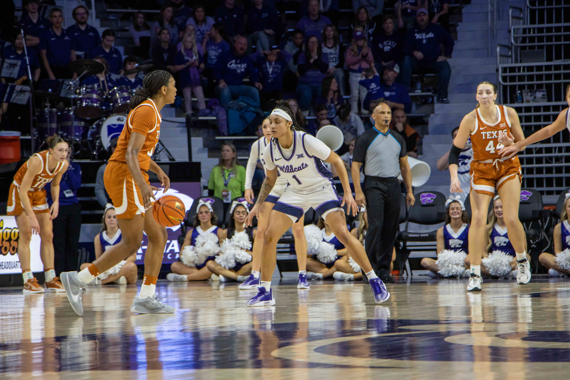 Guard Zyanna Walker guards Texas forward Madison Booker in the fourth quarter. No. 12 K-State beat No. 10 Texas 61-58 Jan. 13, 2024.