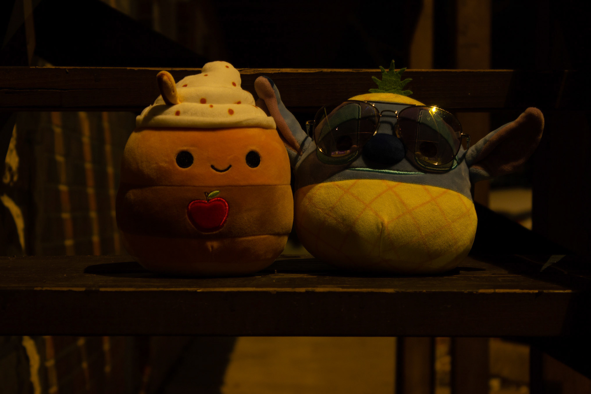 Stitch — sporting aviators — and Pommie sit on the steps of a chilly December morning. The two are the smallest in the Squishmallow Army. (Included on @CarterintheStars)