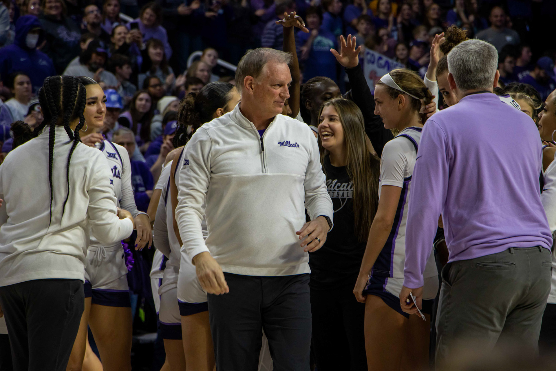 Head coach Jeff Mittie walks away after breaking it down with his players following K-State's win. No. 12 K-State beat No. 10 Texas 61-58 Jan. 13, 2024.