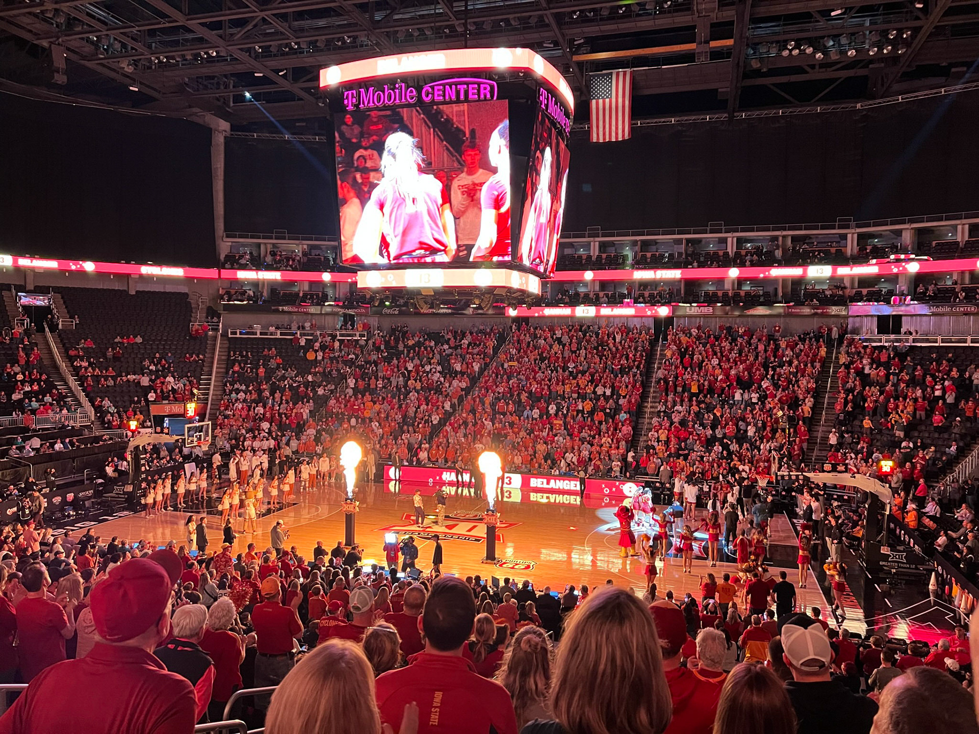 Iowa State's starting lineup being announced. Yes, all that red is real; the Big 12 tournament is an Iowa State home environment. (Shot on iPhone 13 Pro)