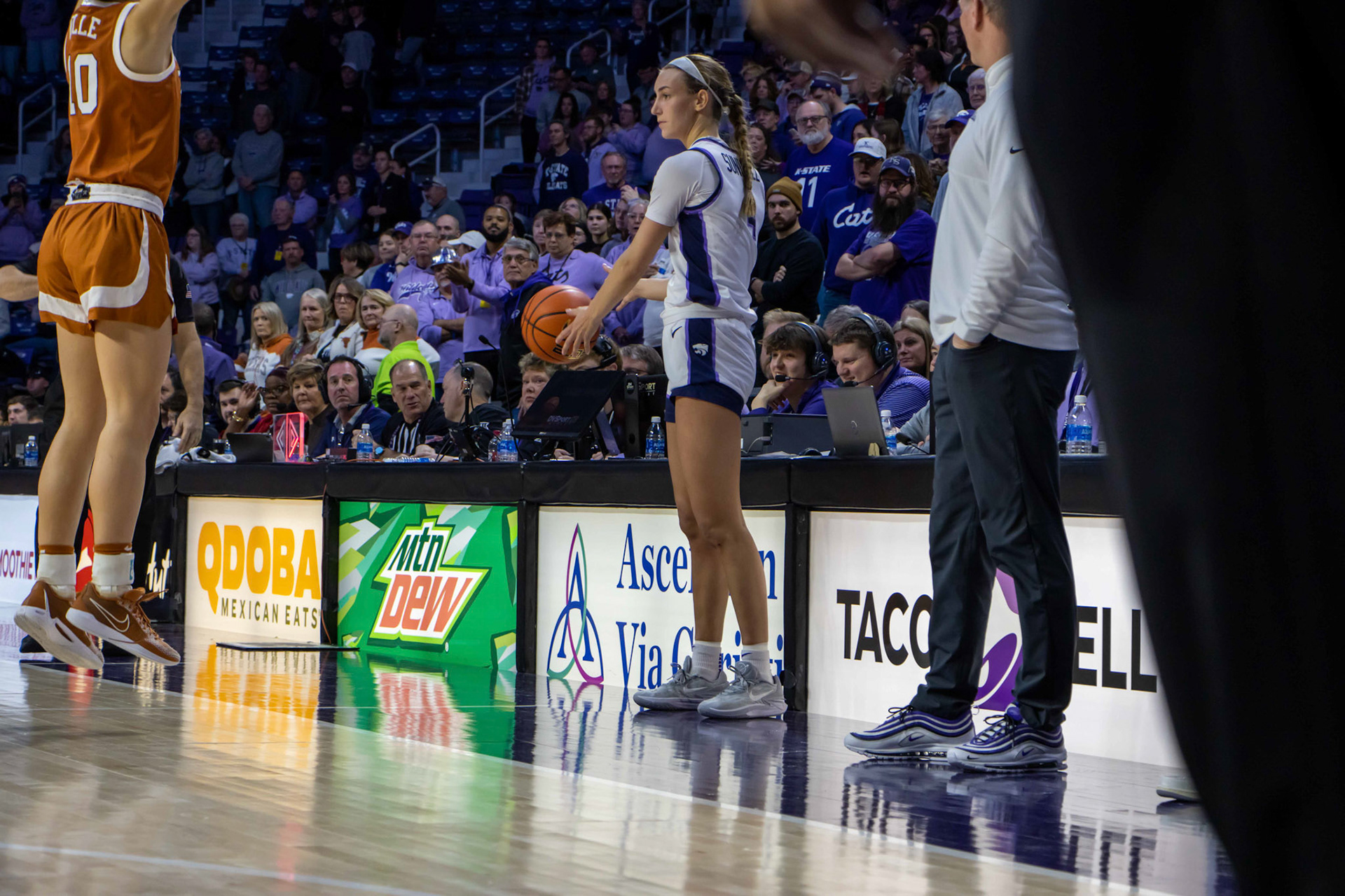 Guard Serena Sundells grabs the ref's pass for the inbounds play to seal Texas' fate. K-State closed the game 61-58 to beat No. 10 Texas Jan. 13, 2024.