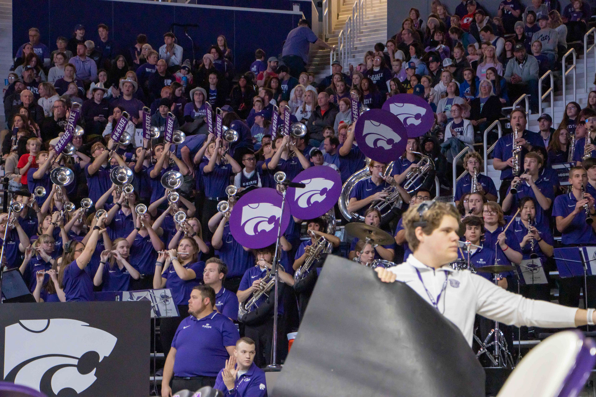 The K-State pep band plays between the first and second quarter of the Texas women's basketball game. No. 12 K-State beat No. 10 Texas 61-58 Jan. 13, 2024.