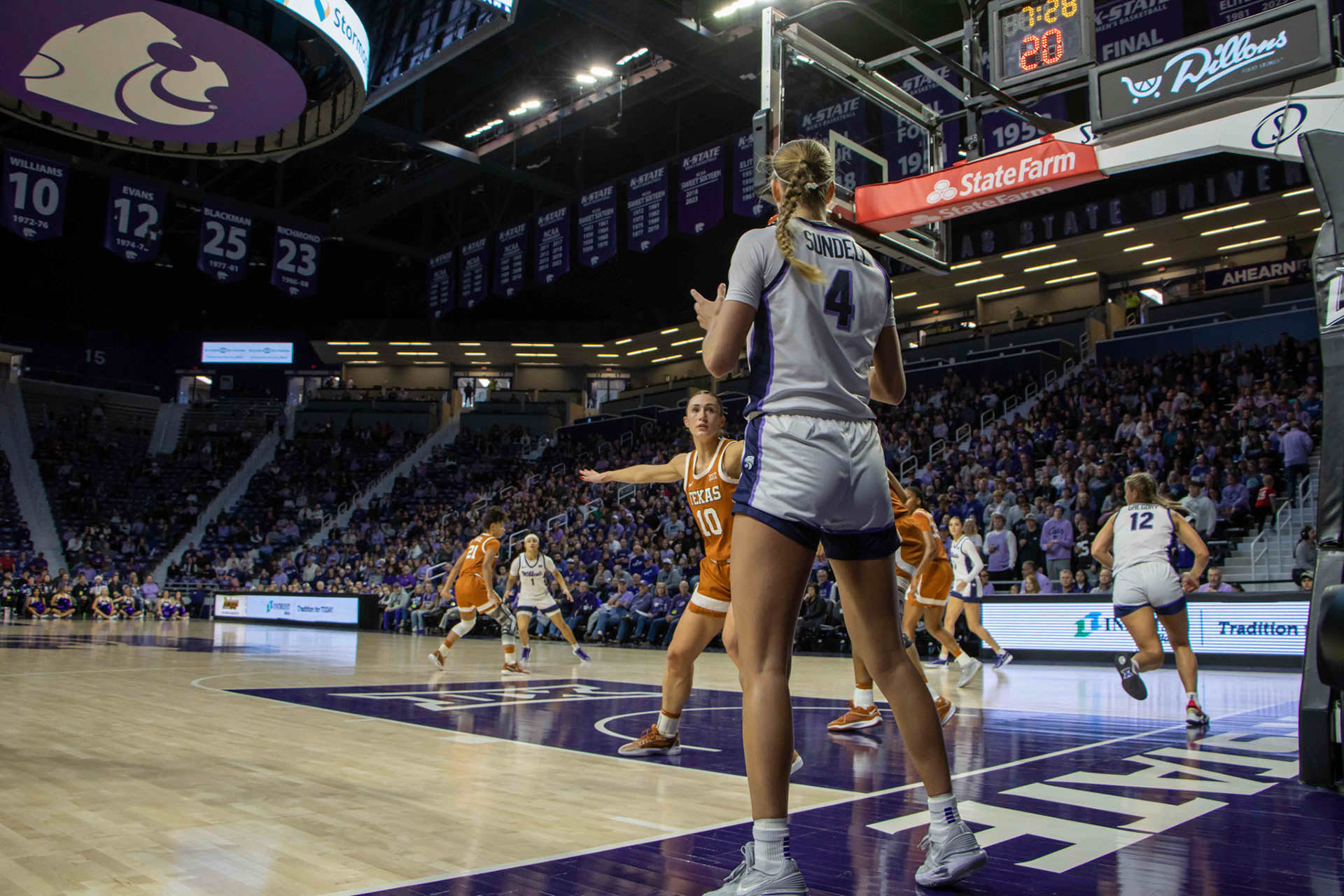 Guard Serena Sundell looks for an opening to pass for the inbounds play in the second quarter against Texas. The play would fail as K-State turned the ball over.