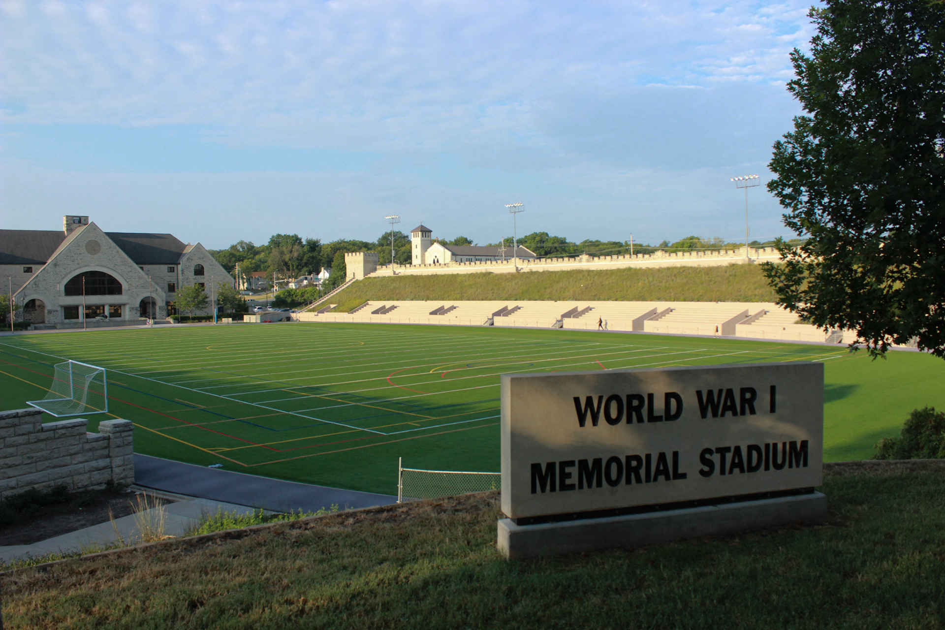 The historic World War I Memorial Stadium lies on the south side of campus. It’s now used as a recreational area for student organizations and a practice area for the marching band.