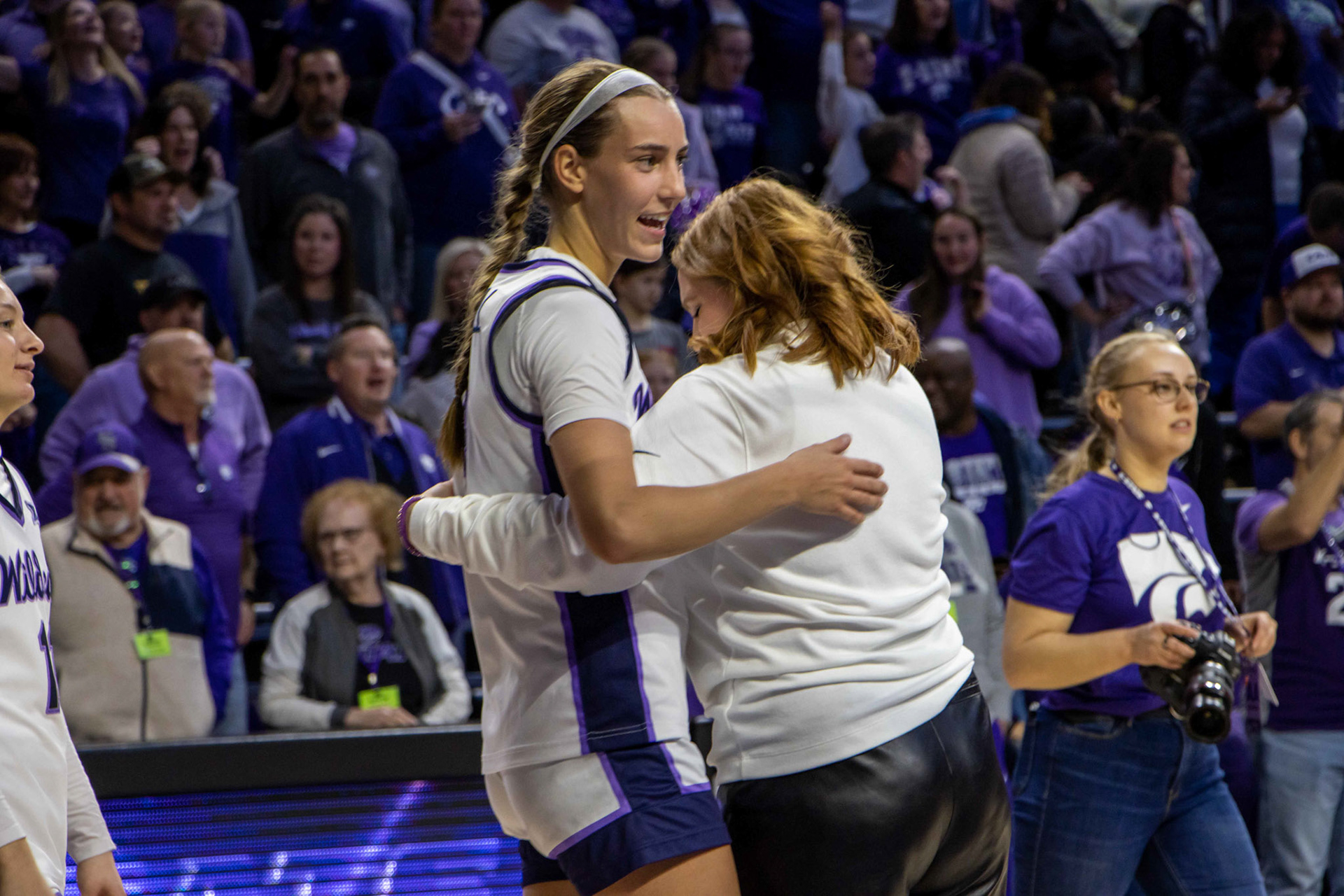 Guard Serena Sundell hugs director of student development and branding Elisabeth Brown following K-State's 61-58 win over Texas Jan. 13, 2023. Sundell ended the the game with the second most points on the Wildcats with 12 while also recording six rebounds, five assists, one steal, one block, three turnovers and two fouls.