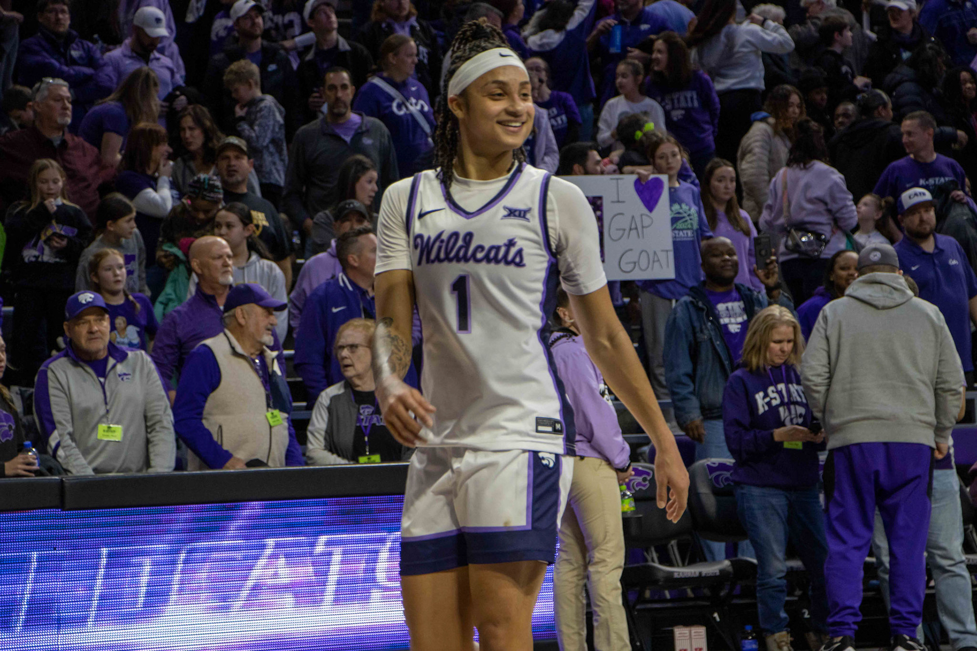Guard Zyanna Walker flashes a smile after defeating Texas 61-58 Jan. 13, 2024. Walker was the most productive player off the bench, playing 31 minutes and collecting nine points, five rebounds, three assists, one steal, three turnovers and two fouls.