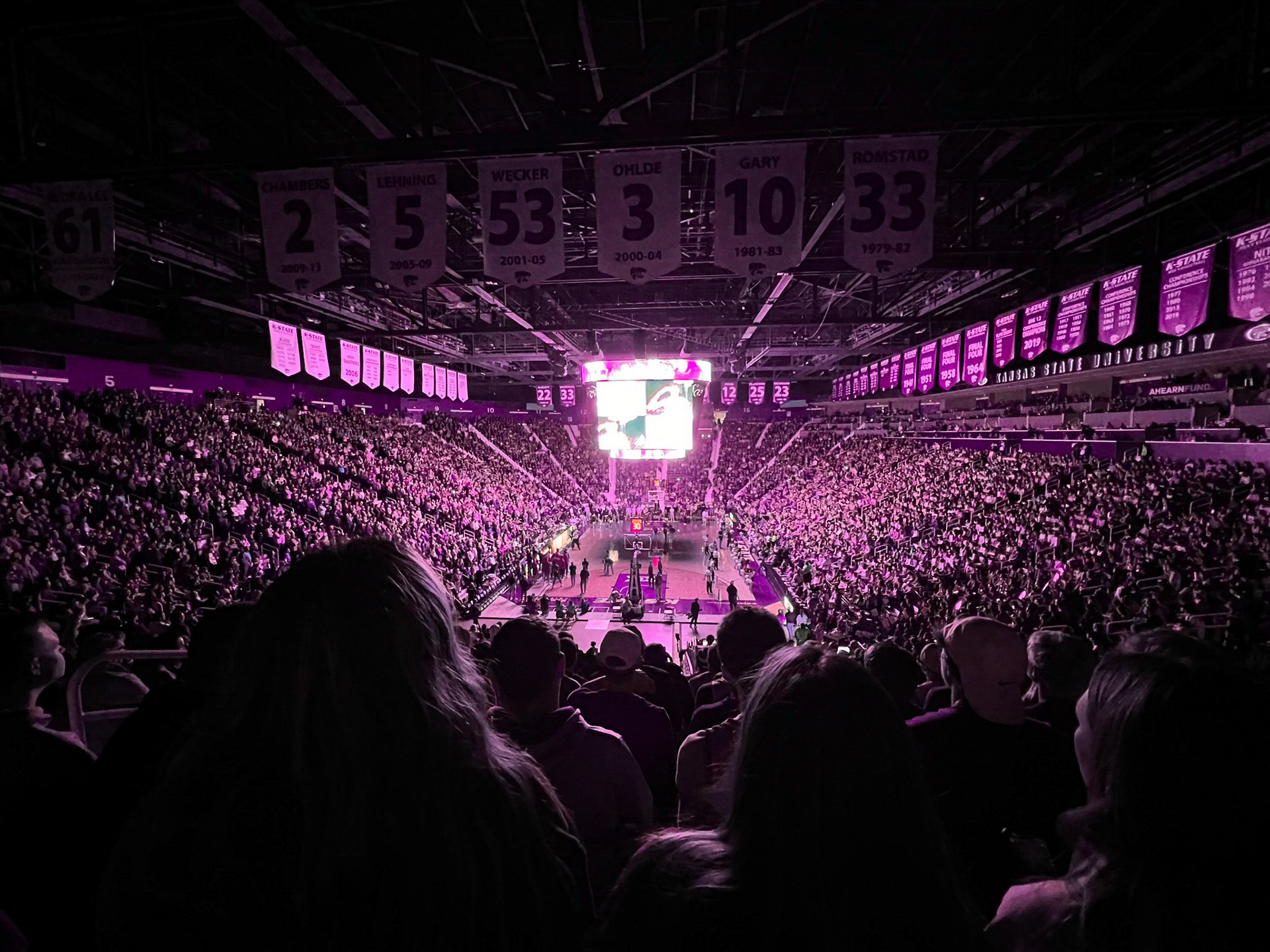 The Sunflower Showdown in Manhattan featured a highly anticipated and competitive matchup between No. 2 Kansas and No. 13 Kansas State on Jan. 17. The sold-out crowd and student section filled to the brim cheered the whole contest, and stormed the court at the conclusion with a K-State victory. (Jan. 17)