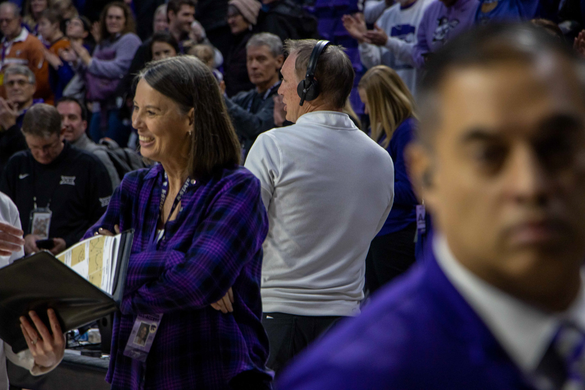 Head coach Jeff Mittie attends to a sideline interview after defeating Texas 61-58 Jan. 13, 2023. The Wildcats move to 17-1 on the season and remain undefeated in conference play with the win.