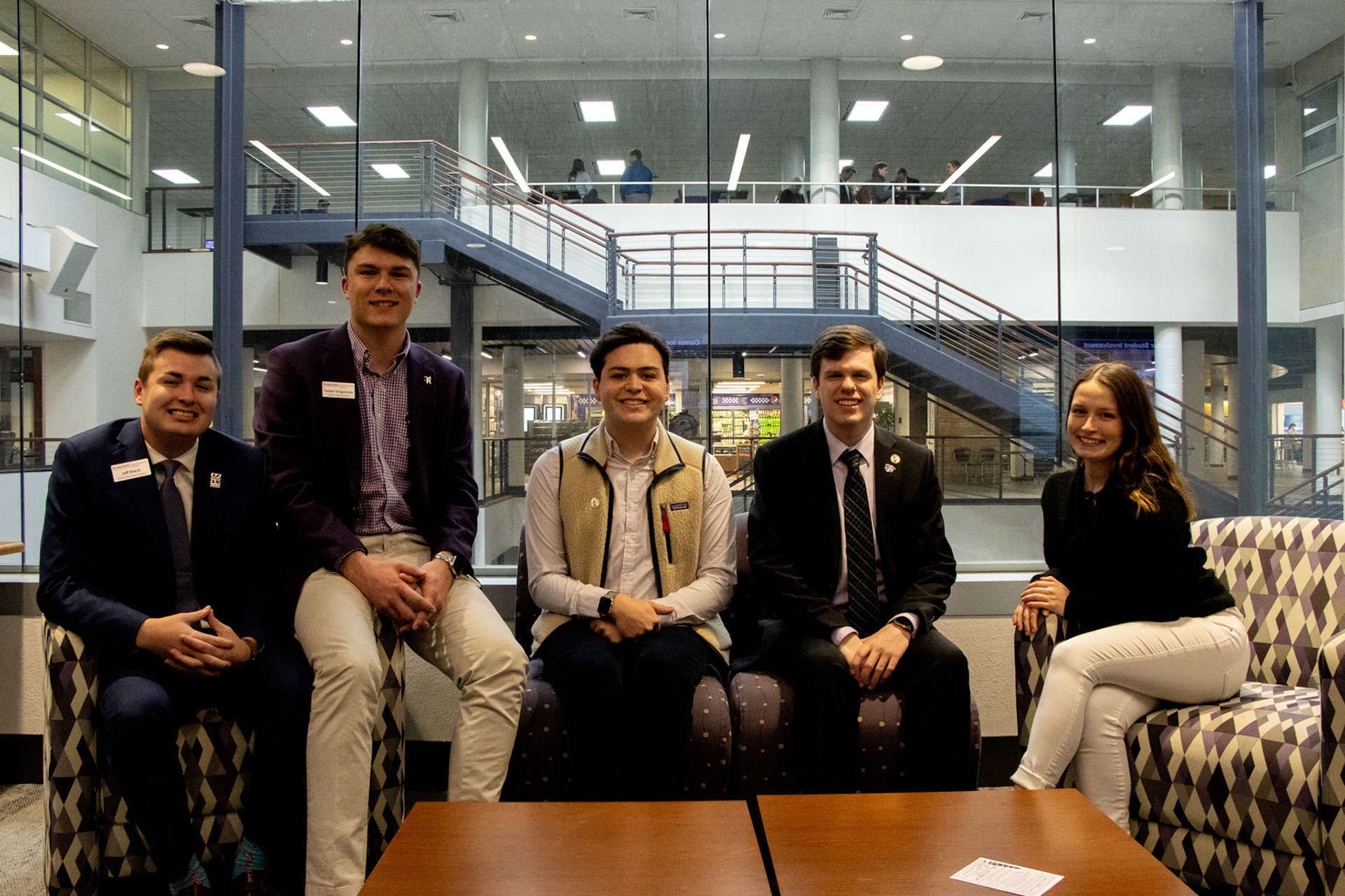 (From left to right) Student Body Vice President Jeff Ebeck, junior in finance; Student Body President Parker Vulgamore, junior in agricultural economics and pre-law; Senator Bently Taulber, freshman in political science; Speaker of the Senate Evan Porter, junior in political science; Senator Marta Richenburg, junior in history and political science. (Featured in the Collegian)