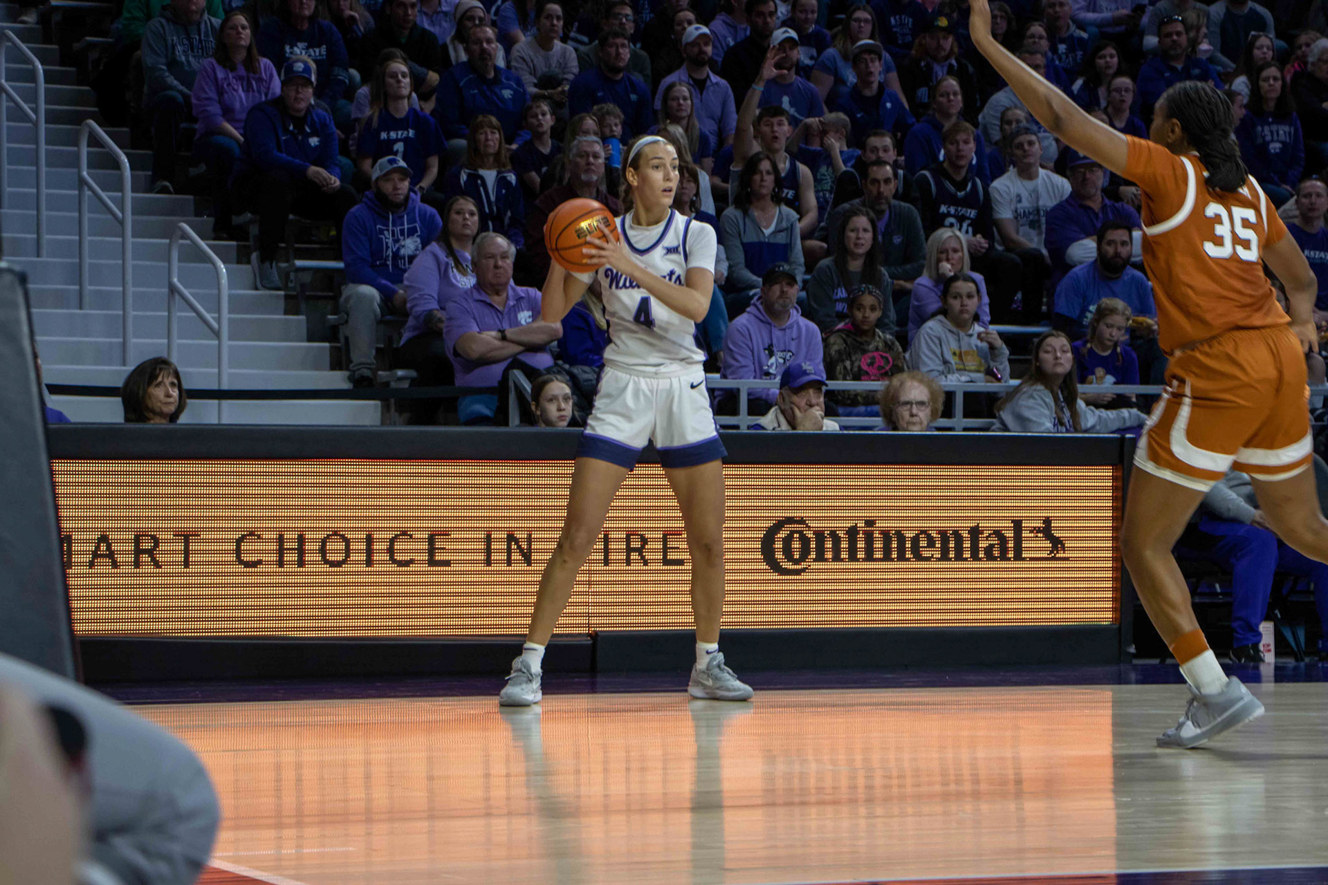 Guard Serena Sundell looks for a pass in the paint against Texas. No. 12 K-State beat No. 10 Texas 61-58 Jan. 13, 2024.