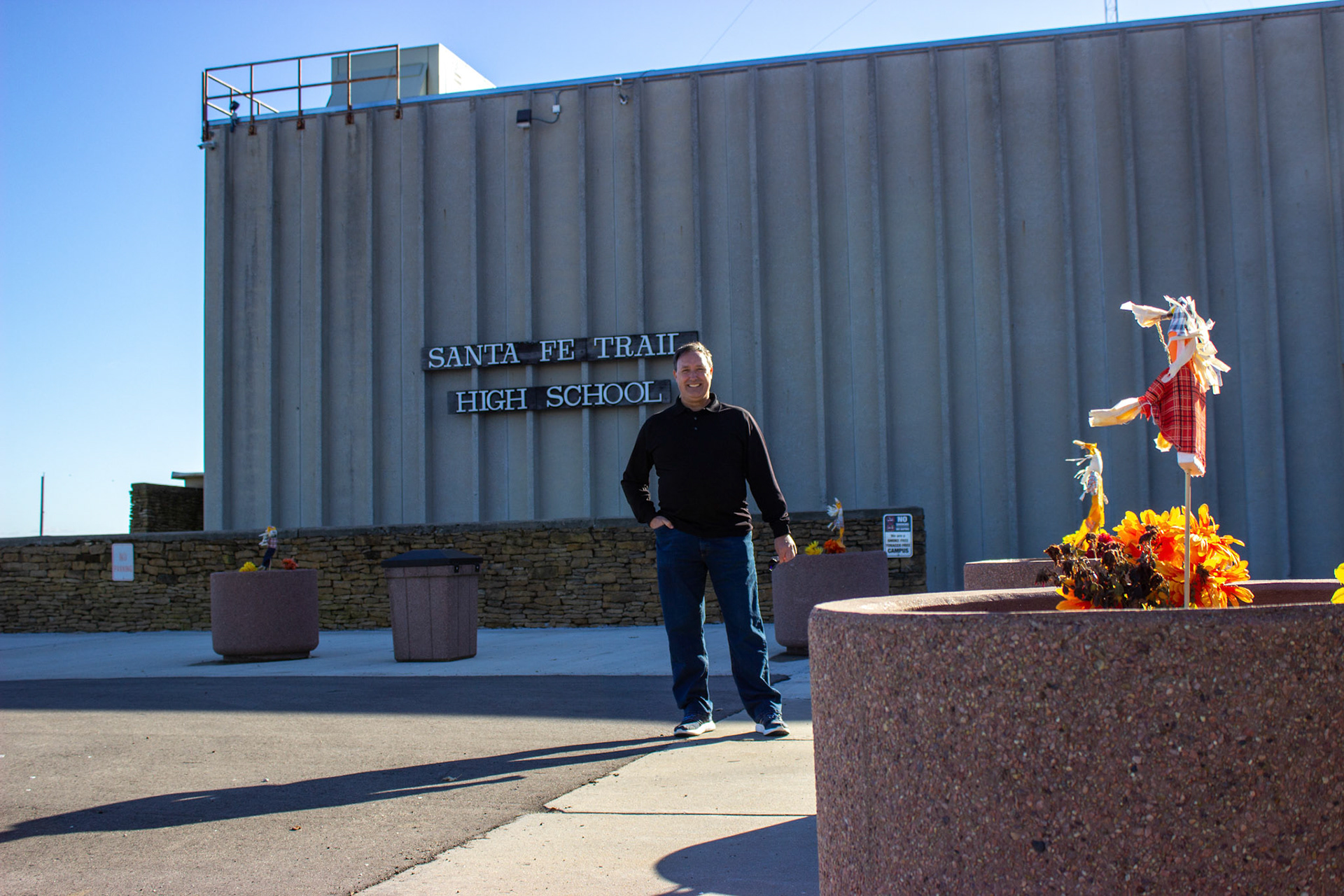 Troy Schaffer in front of his high school alma mater, Santa Fe Trail. Santa Fe Trail, located in Carbondale, Kansas, is presently considered a 3A school in Kansas with an enrollment number of 310.