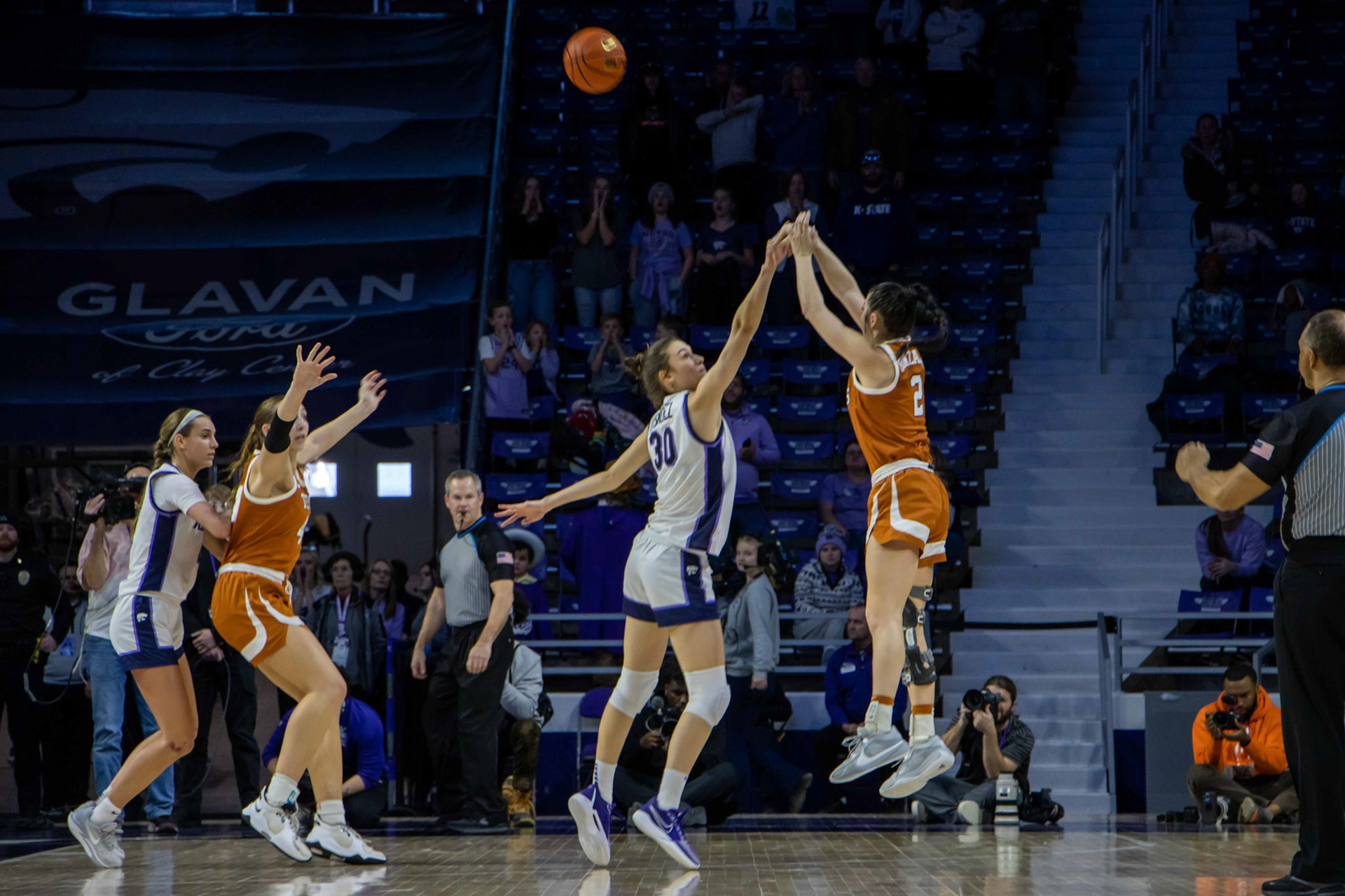 Forward Gisela Sanchez gets a block on Texas guard Shaylee Gonzales, stopping a game-tying 3-pointer. K-State closed the game 61-58 to beat No. 10 Texas Jan. 13, 2024.