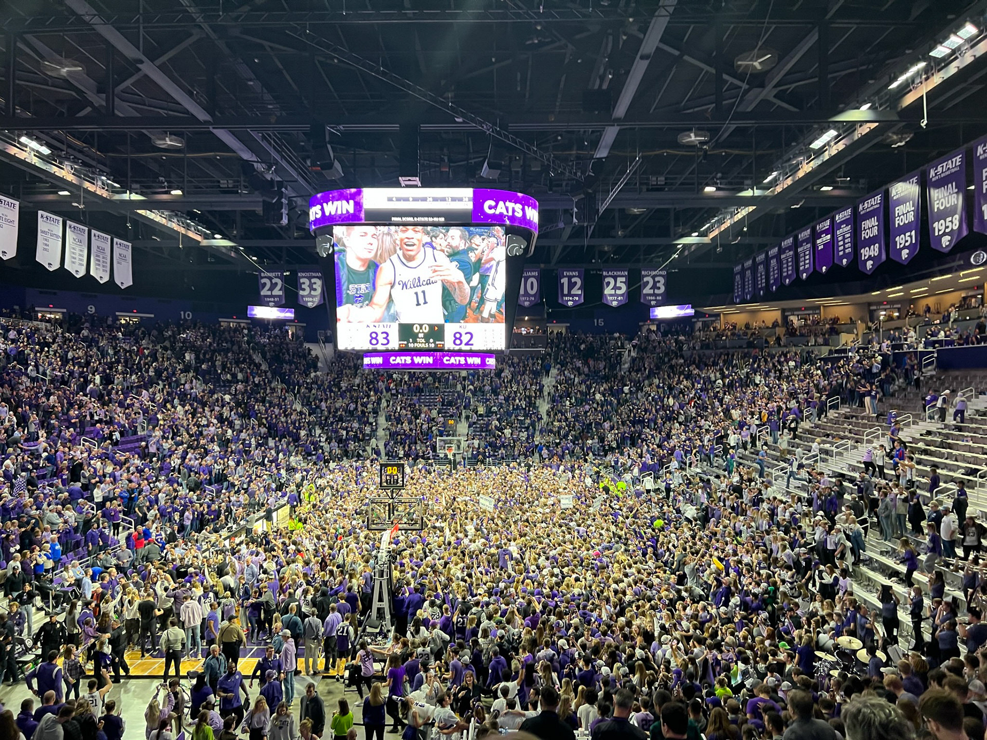 The Sunflower Showdown in Manhattan featured a highly anticipated and competitive matchup between No. 2 Kansas and No. 13 Kansas State on Jan. 17. The sold-out crowd and student section filled to the brim cheered the whole contest, and stormed the court at the conclusion with a K-State victory. (Jan. 17 | Featured in the Collegian)