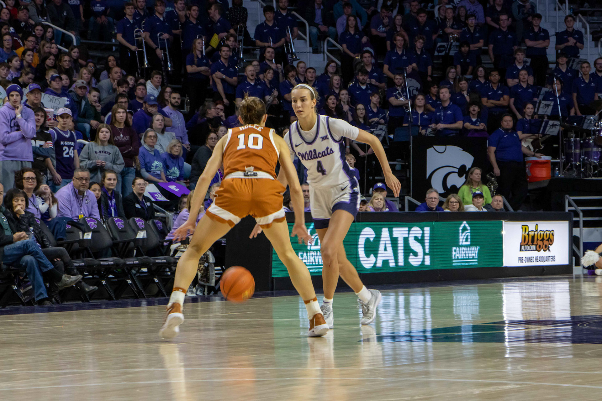 Guard Serena Sundell brings the ball across halfcourt as Texas guard Shay Holle defends. No. 12 K-State beat No. 10 Texas 61-58 Jan. 13, 2024.
