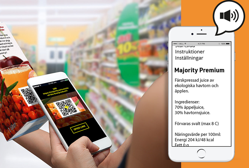 User can scan the QR with their phone to have info read aloud