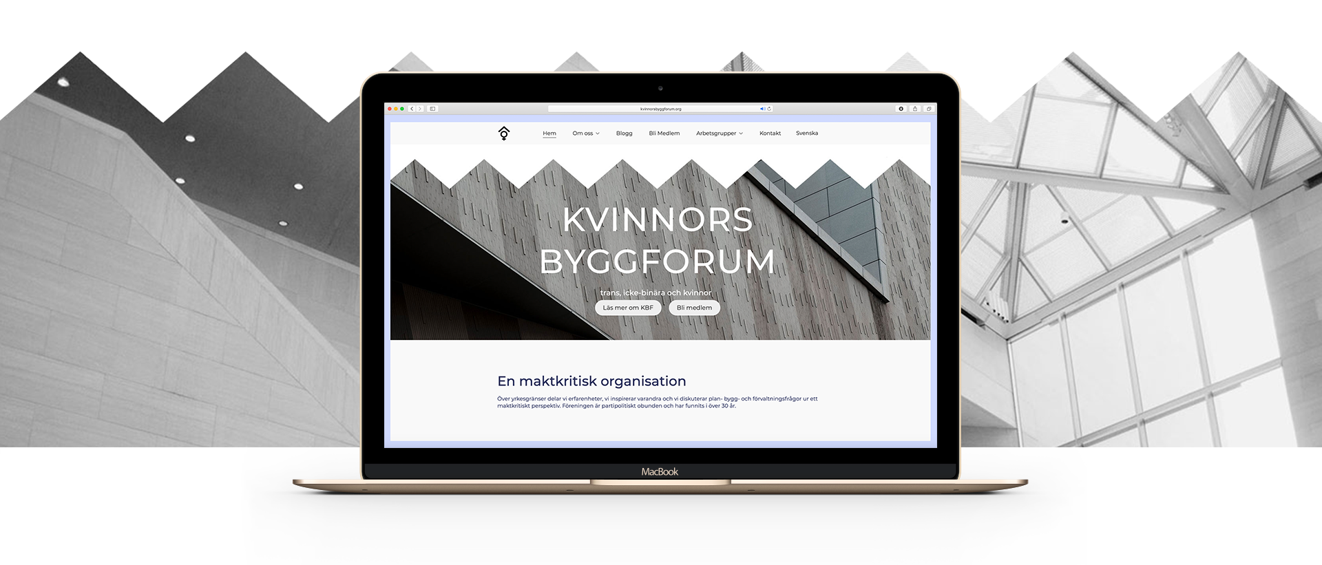 the design shown on a laptop screen, "womens built forum" on an architectural photo background with graphical elements resembling the organisations logo