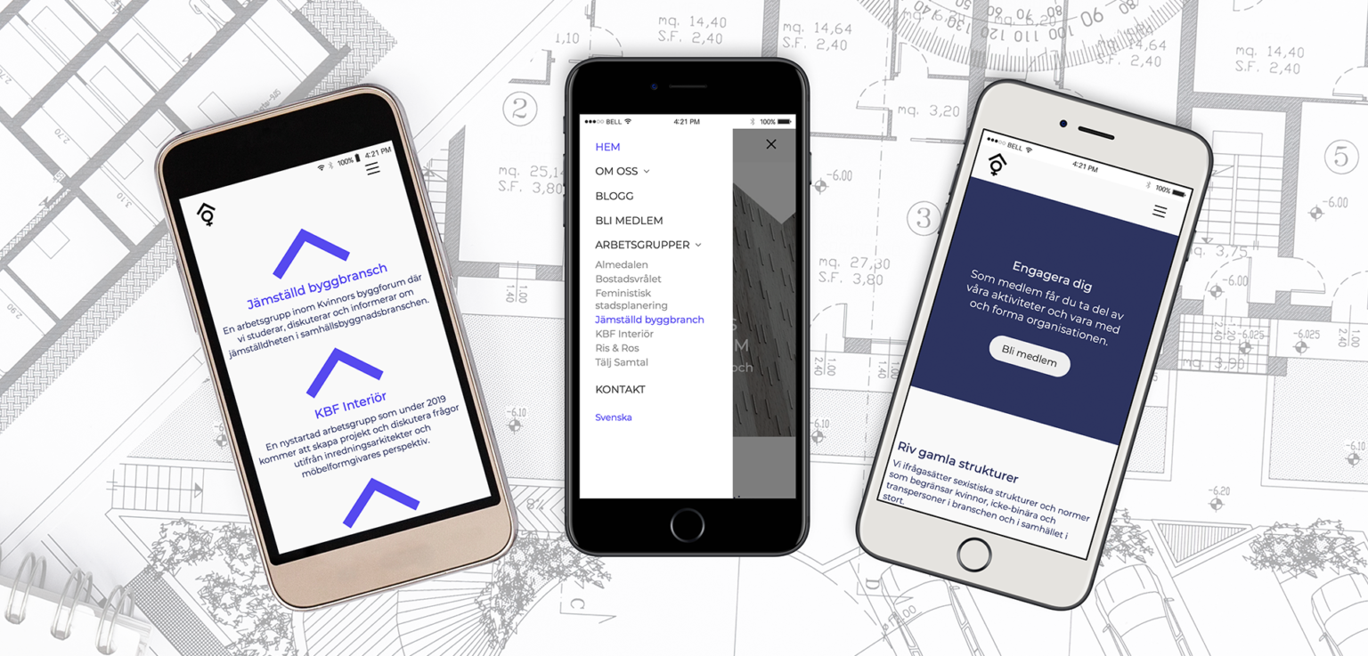 mockups of the website design on 3 phone screens, clear blue accent colors and sleek typography with architectural elements and black and white photography highlighting the organizations roots and values
