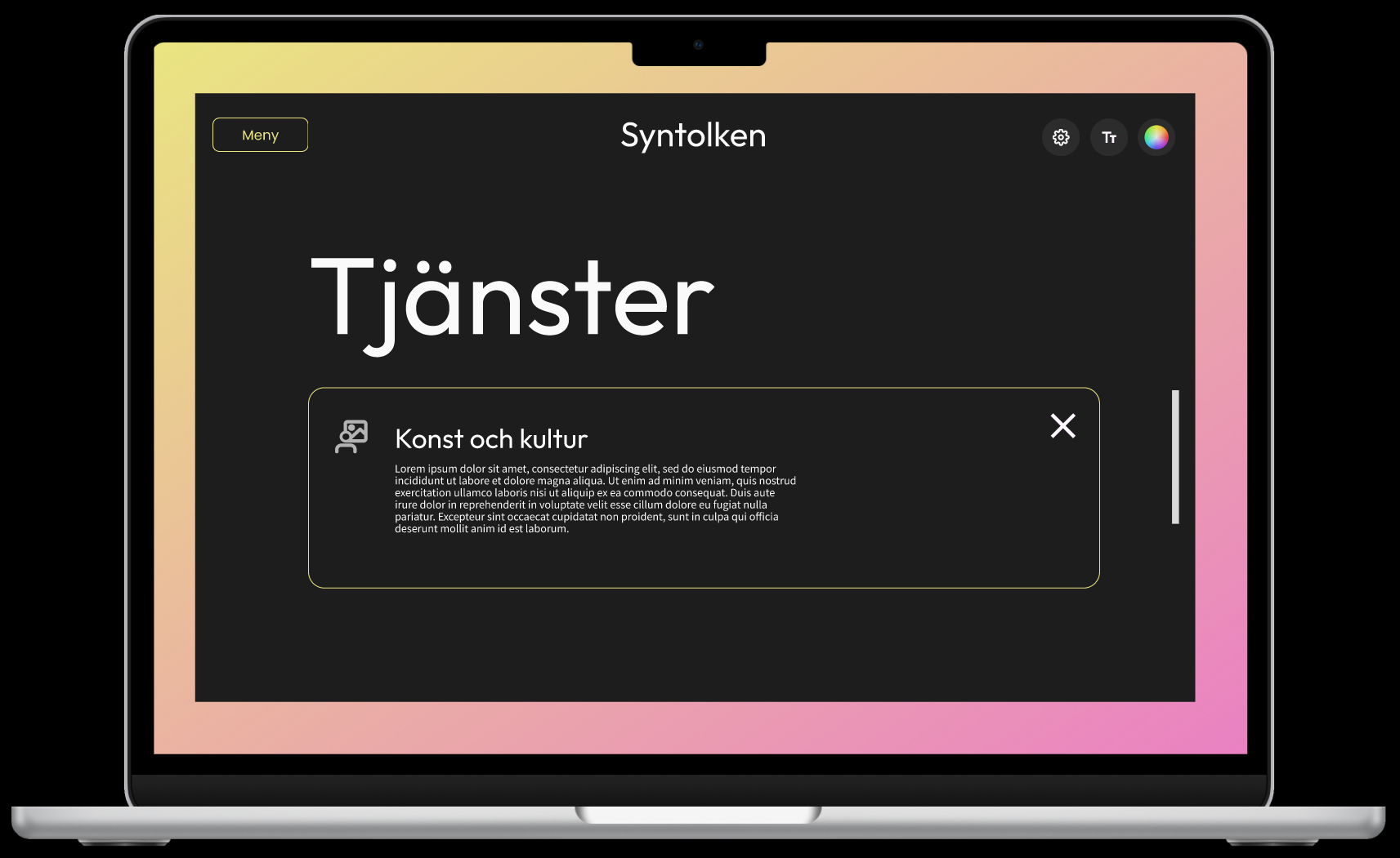 design of the services-page for syntolken.com, a high contrast design with colorful gradient background and a visually strong headline