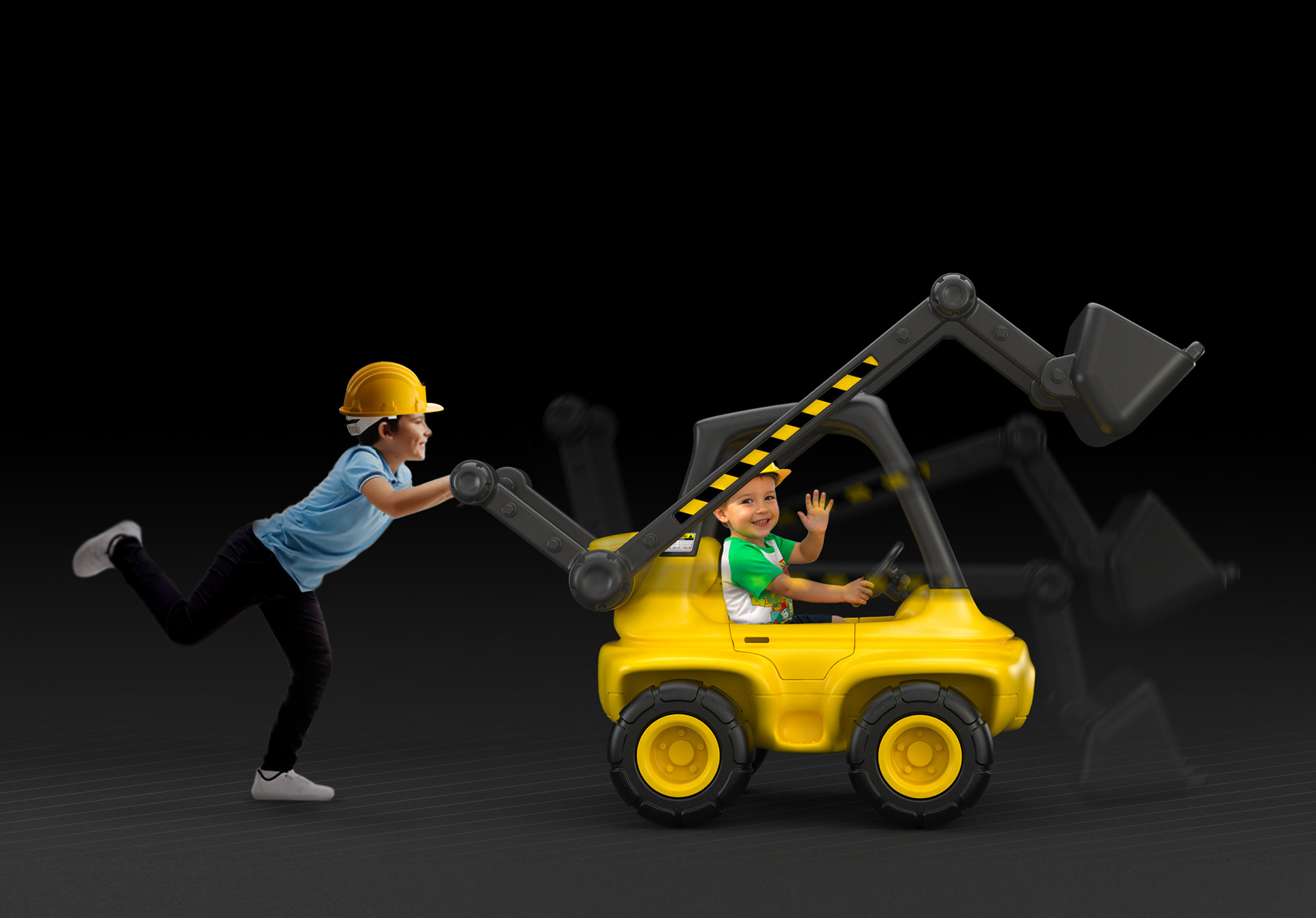 Roto-molded Bobcat toy vehicle with a working front loader, ideal for kids' play brothers playing