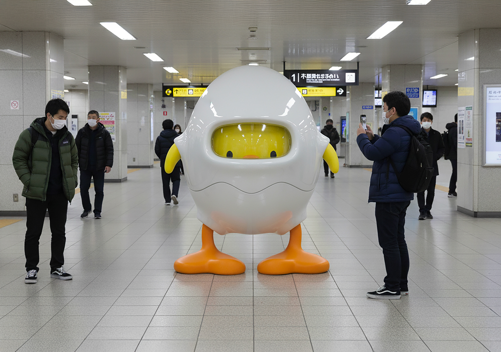 Life-size sculpture of a cute chicken character displayed in a Tokyo metro station, capturing a playful and charming vibe