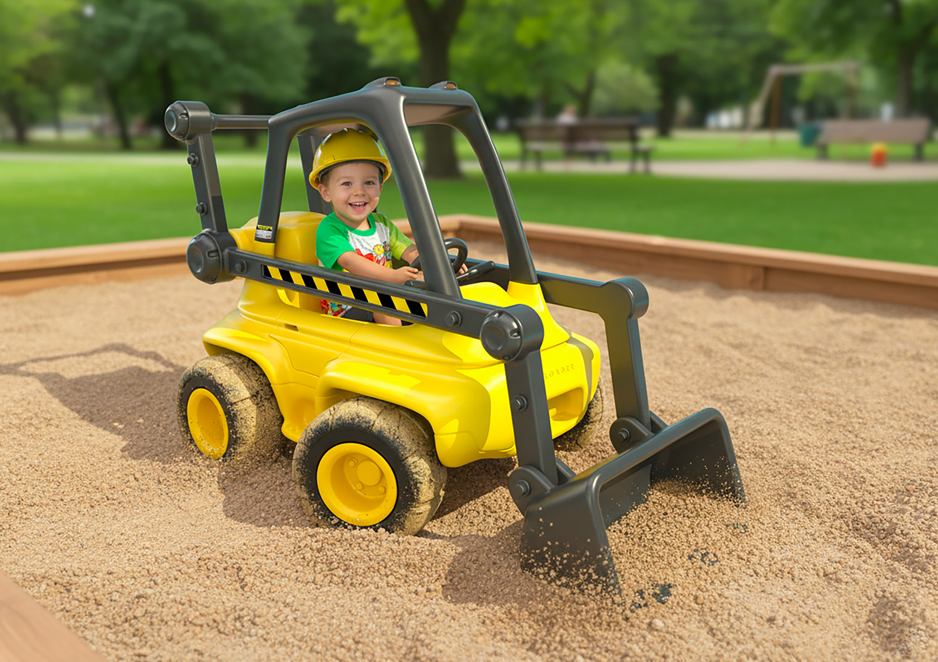 Roto-molded Bobcat toy vehicle with a working front loader, ideal for kids' play in the park