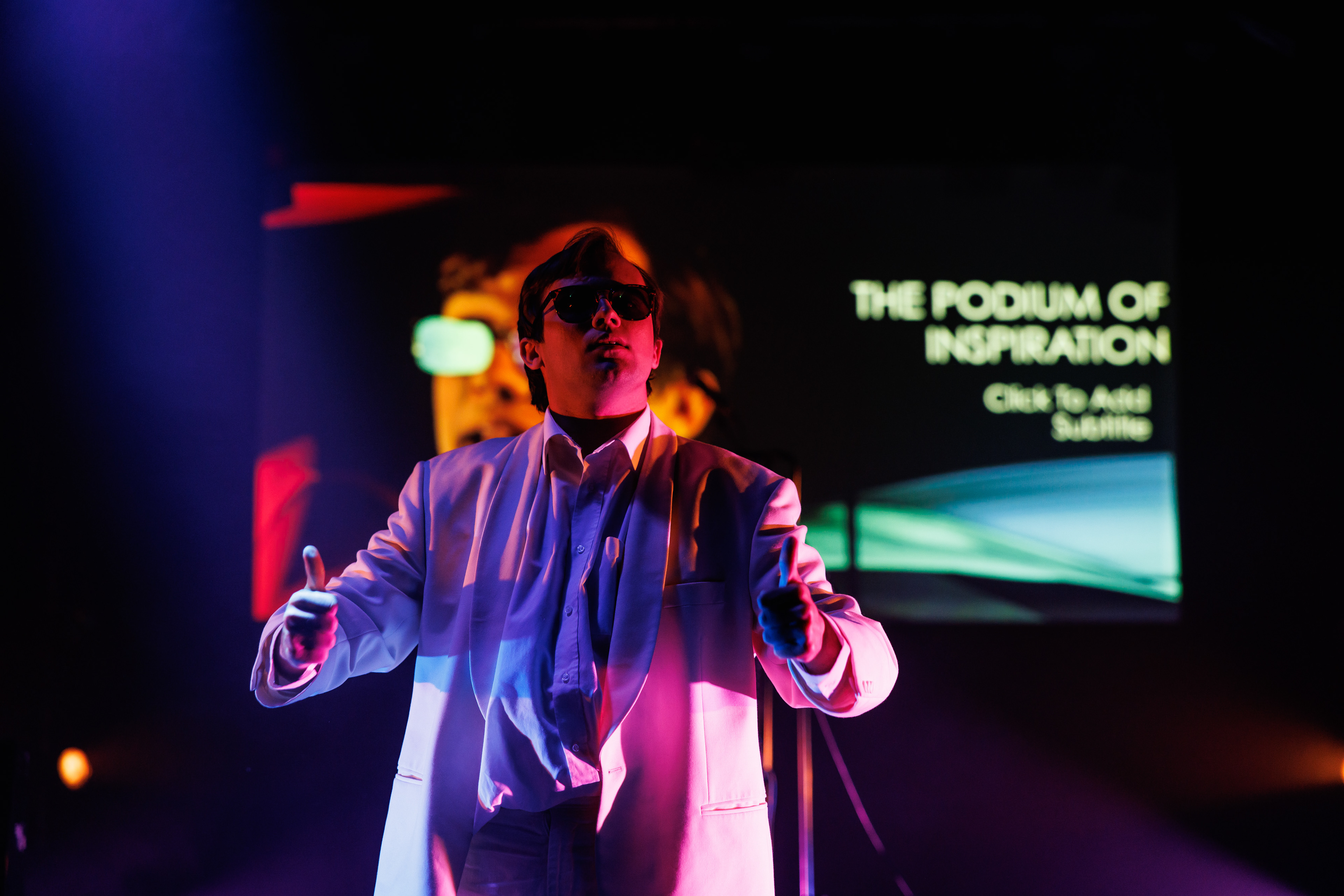 The Podium of Inspiration by Tyler Simpson Weatherley; featuring Tyler Simpson Weatherley, Haydn Tudor Jones and Jacob Moreton. Photos by Ben Wilkin. Stage Manager, Alyssa Walker; Lighting Programming, Tom Lee.