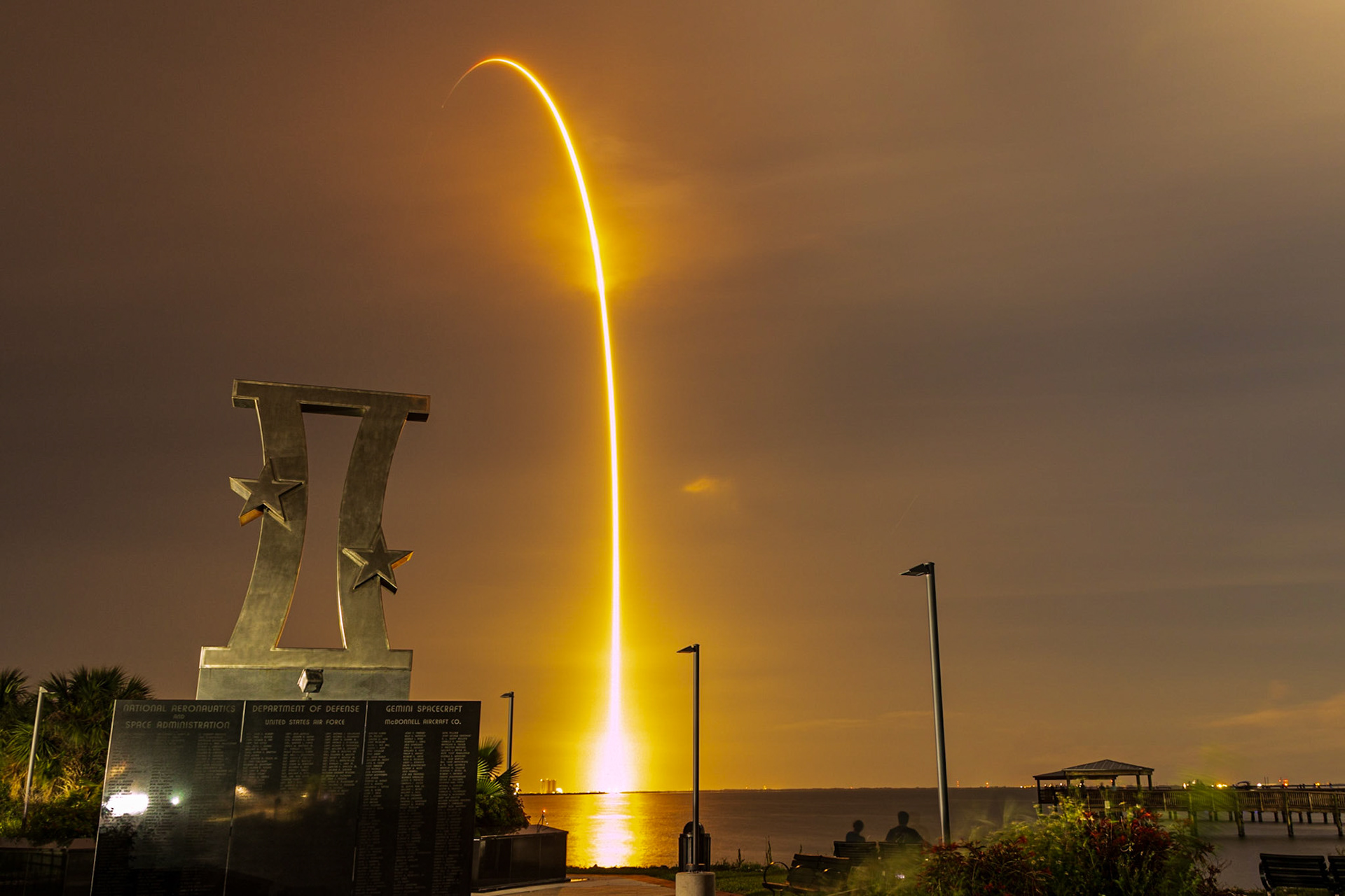 Gemini Monument and Space Falcon9 Night Launch