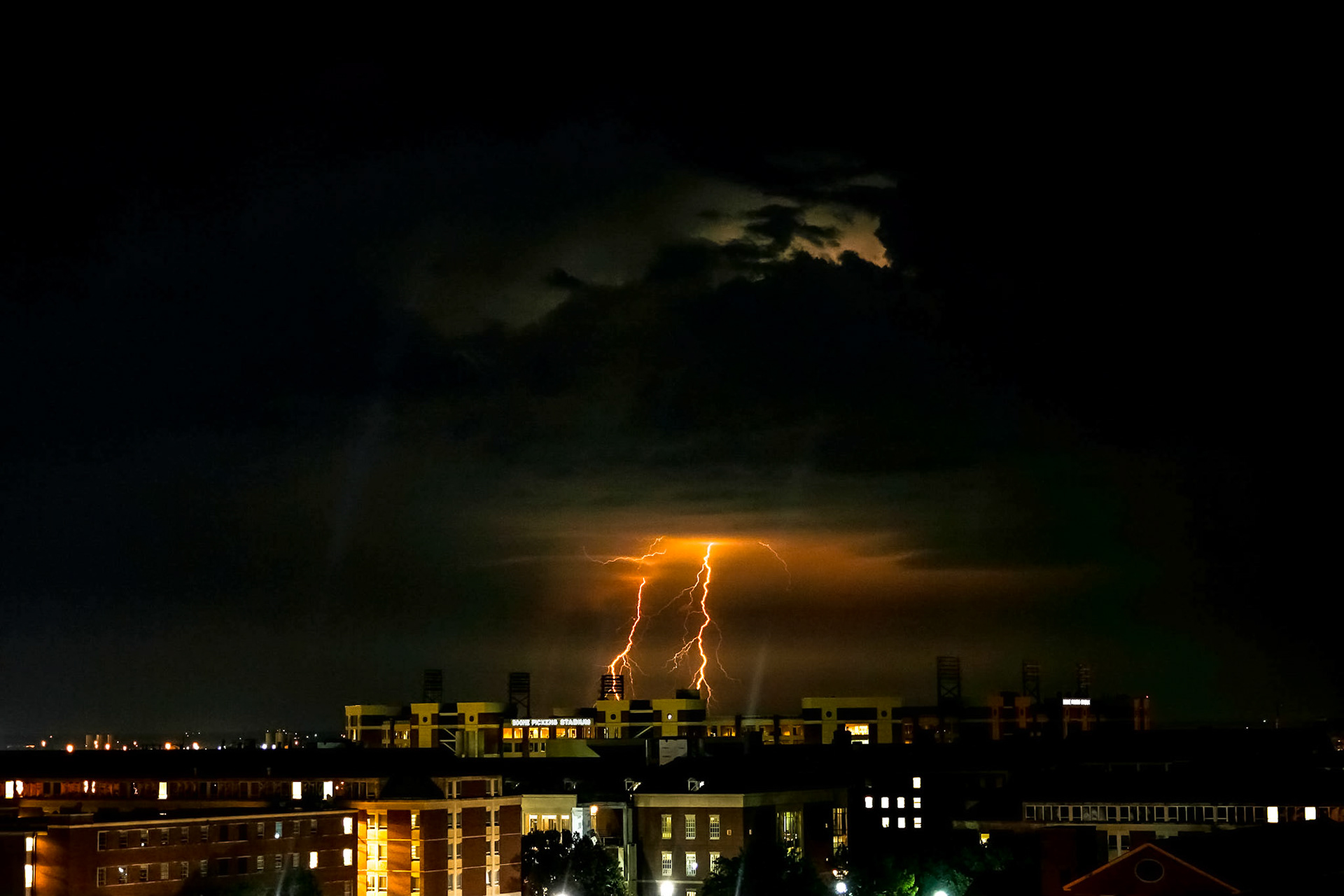 Lightning over Oklahoma State University Campus