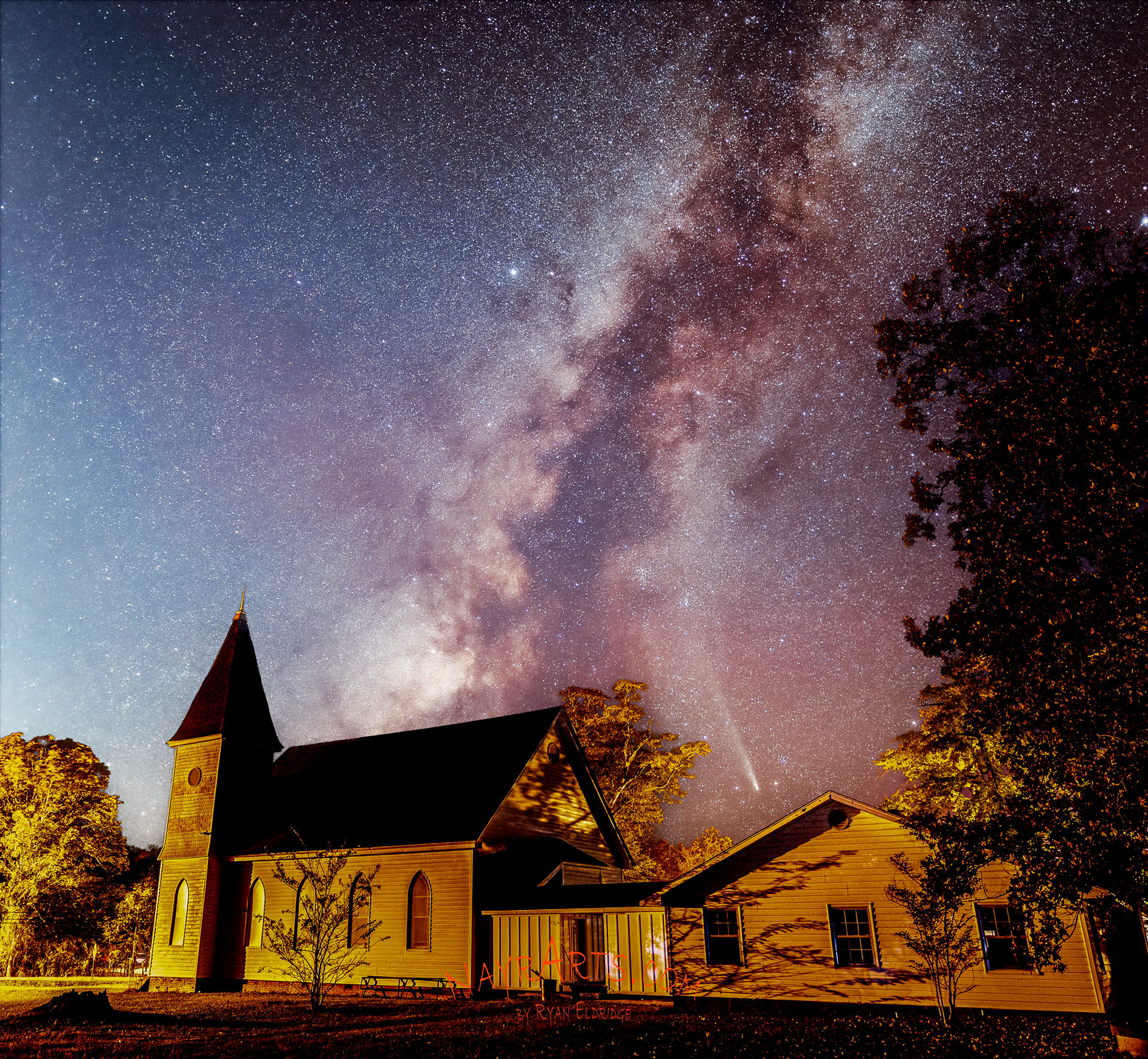 Comet Tsuchinshan–ATLAS and Milky Way over West Georgia Church