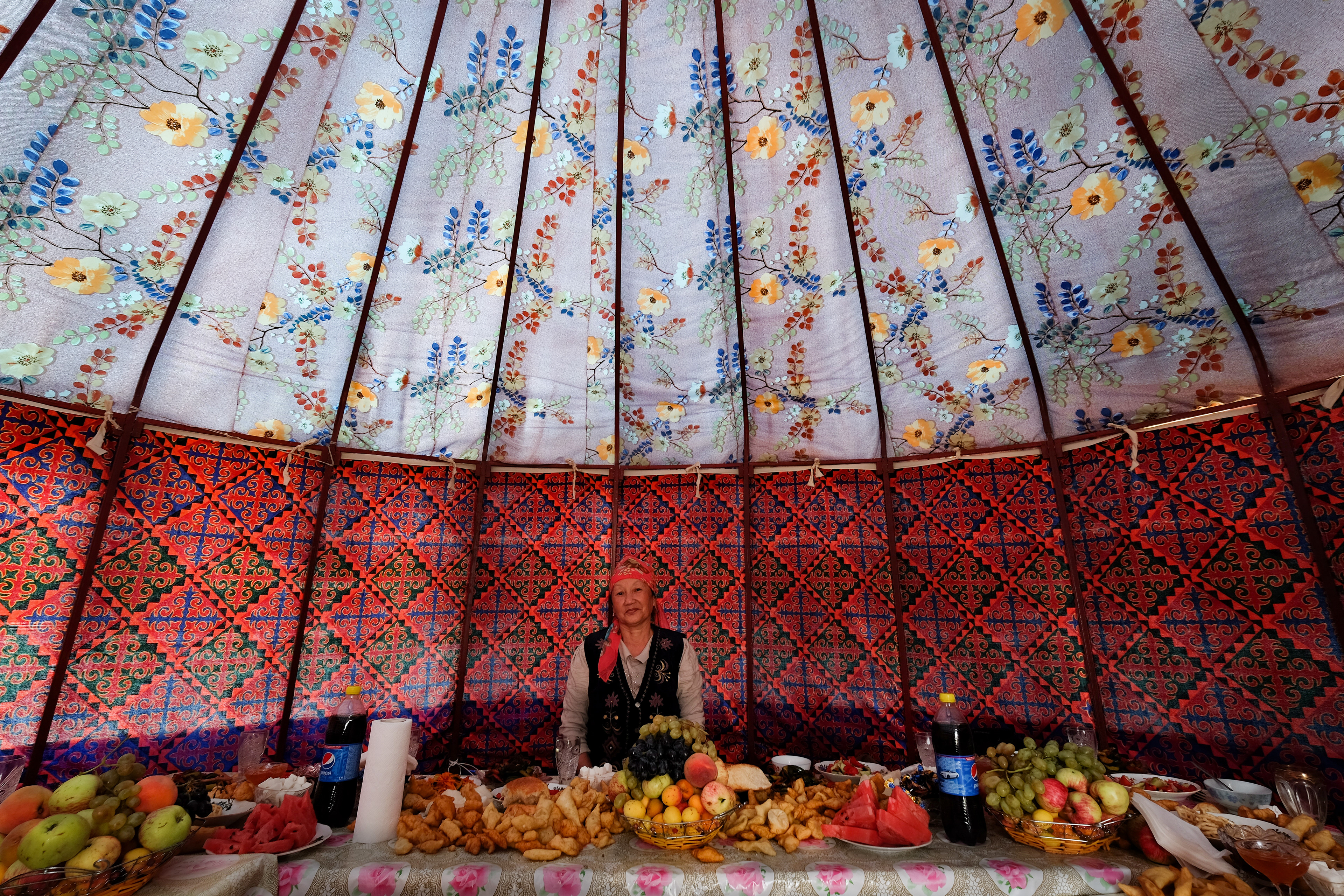 Inside the Yurts where filled with food for guests.