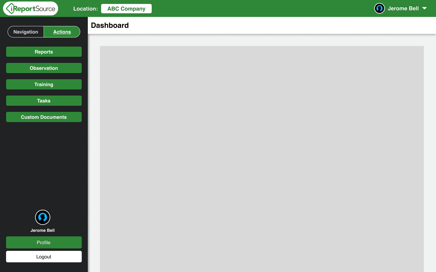 Left rail with tab buttons, on actions tab