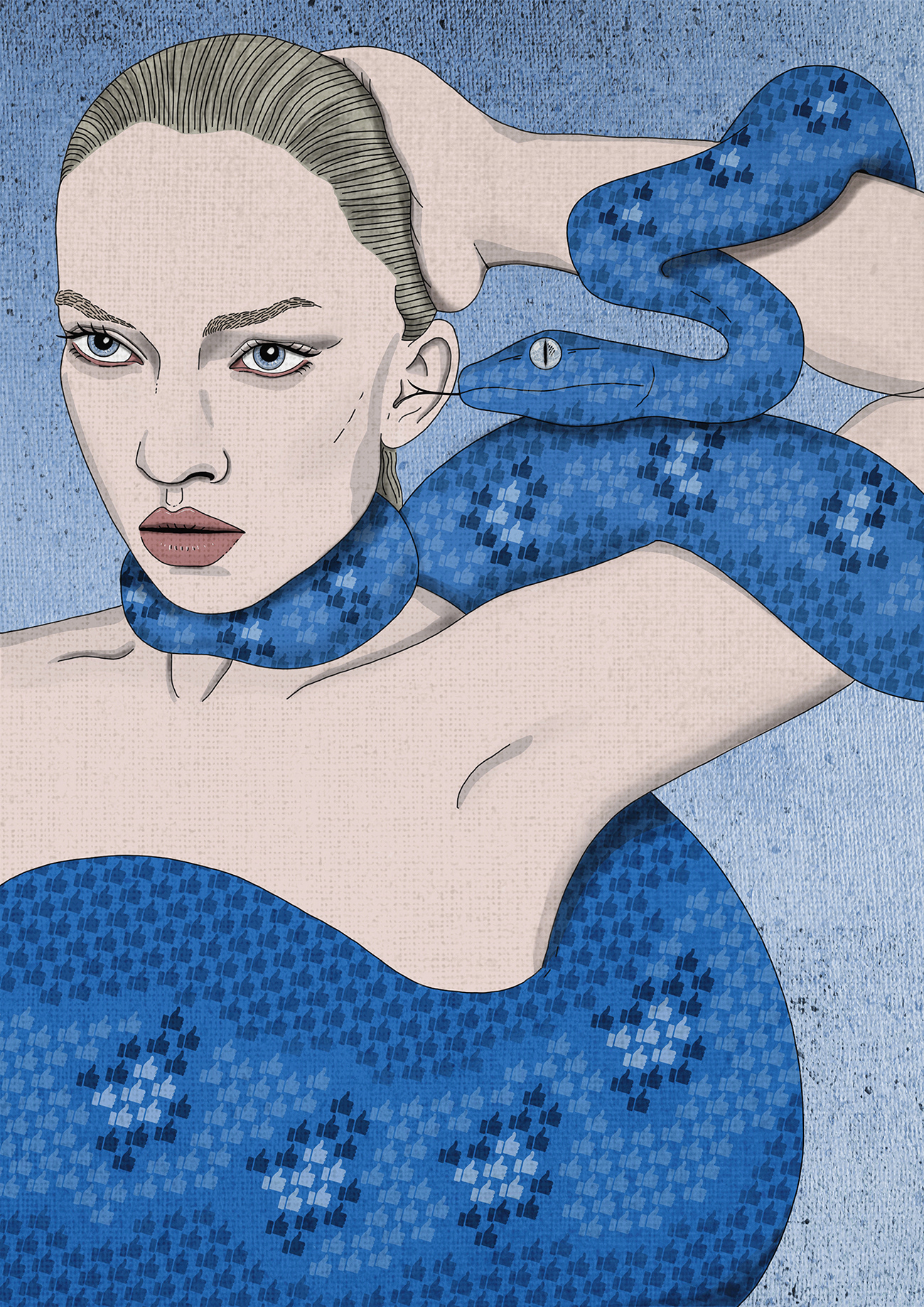 Street-art-style illustration of a woman with snake and Facebook-like scales, exploring the desire for external validation.