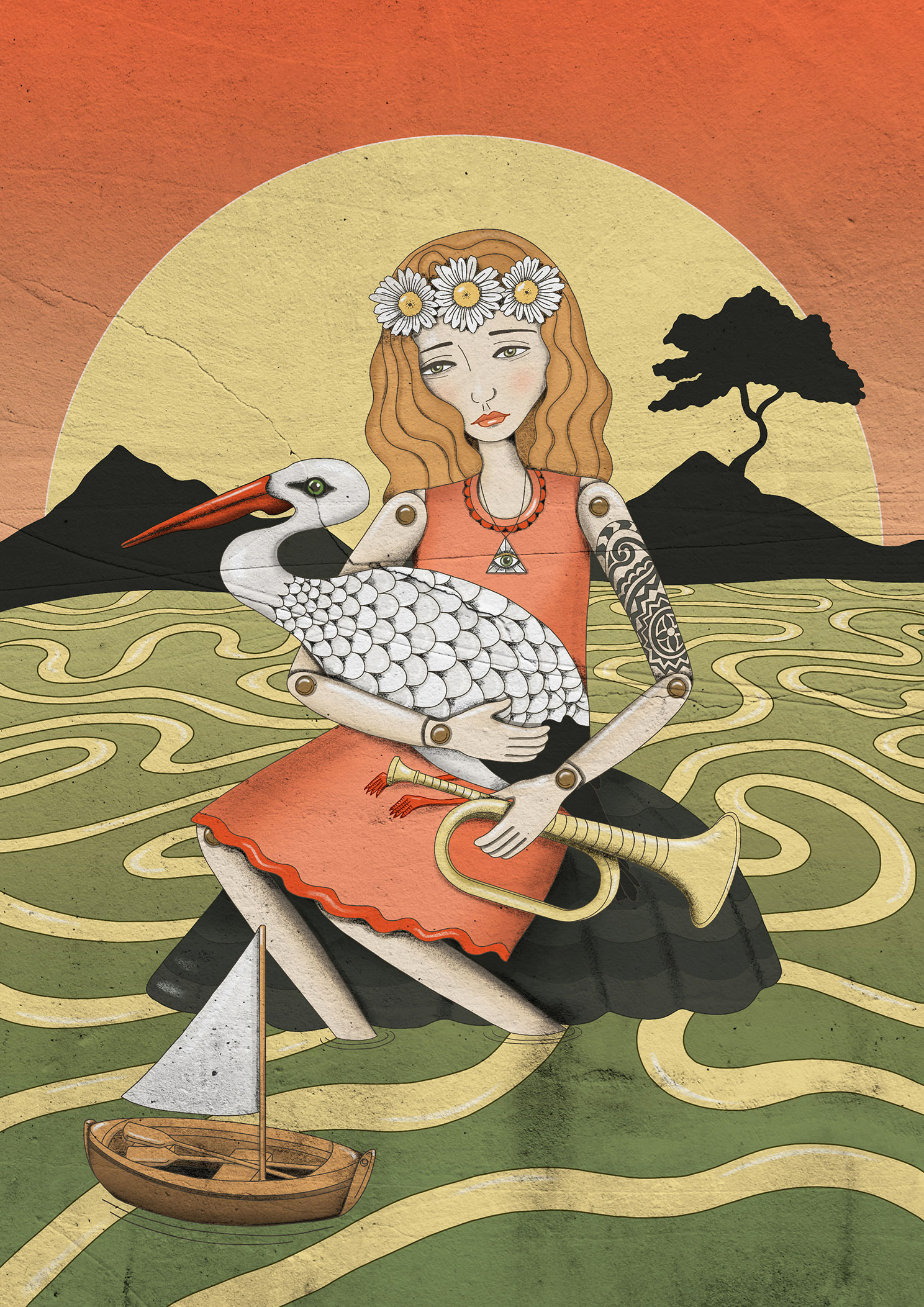 Street-art-style surreal Illustration of girl holding a stork and a trumpet