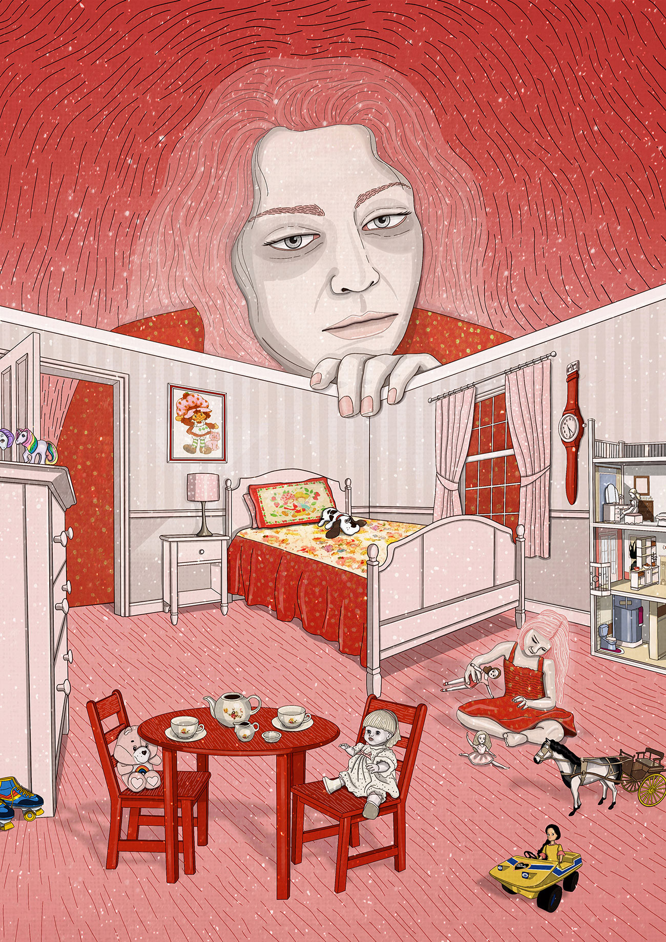 Street-art-style illustration of a woman looking in to her childhood bedroom - exploring the feeling of nostalgia