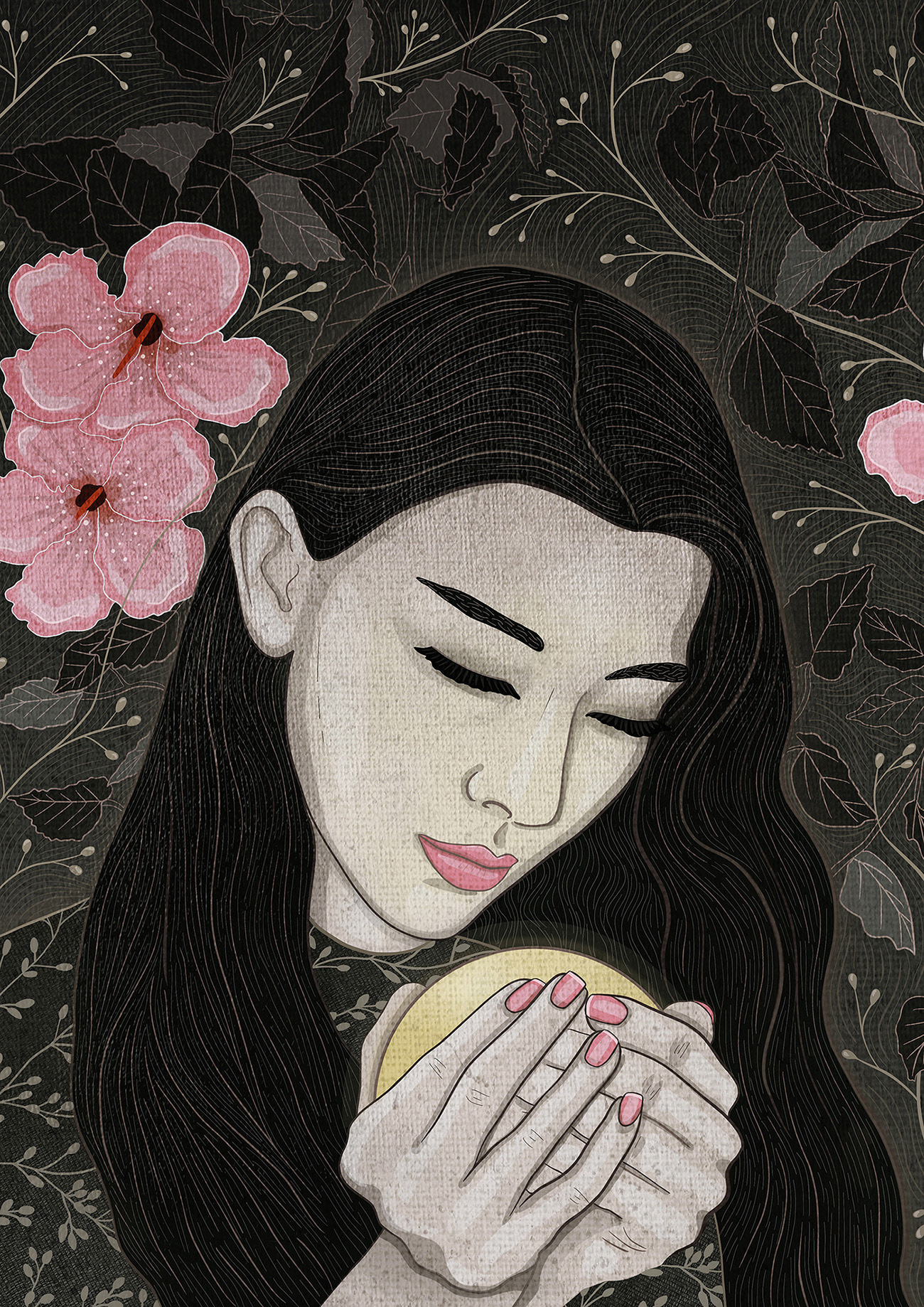 Street-art-style illustration of a woman holding a curious golden ball - exploring the feeling of hope and optimism