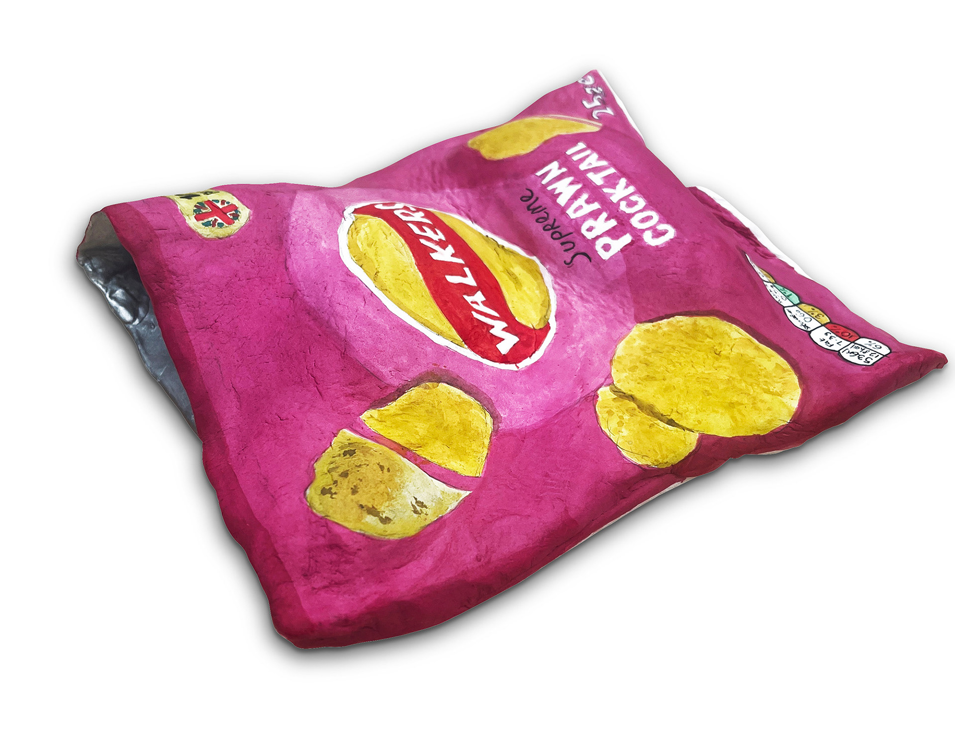 Photo of a large clay crisp packet sculpture exploring emotions around junk food