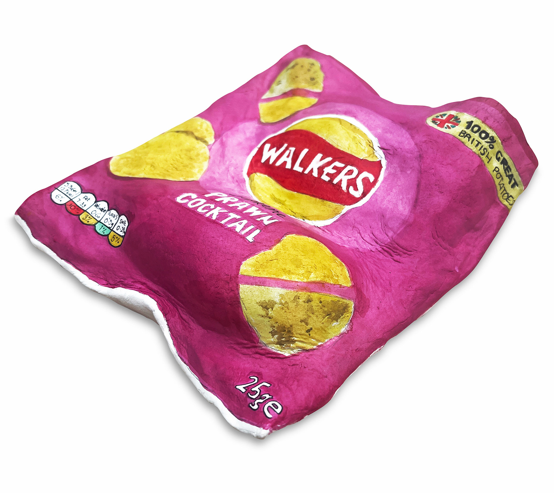 Photo of a large clay crisp packet sculpture exploring emotions around junk food