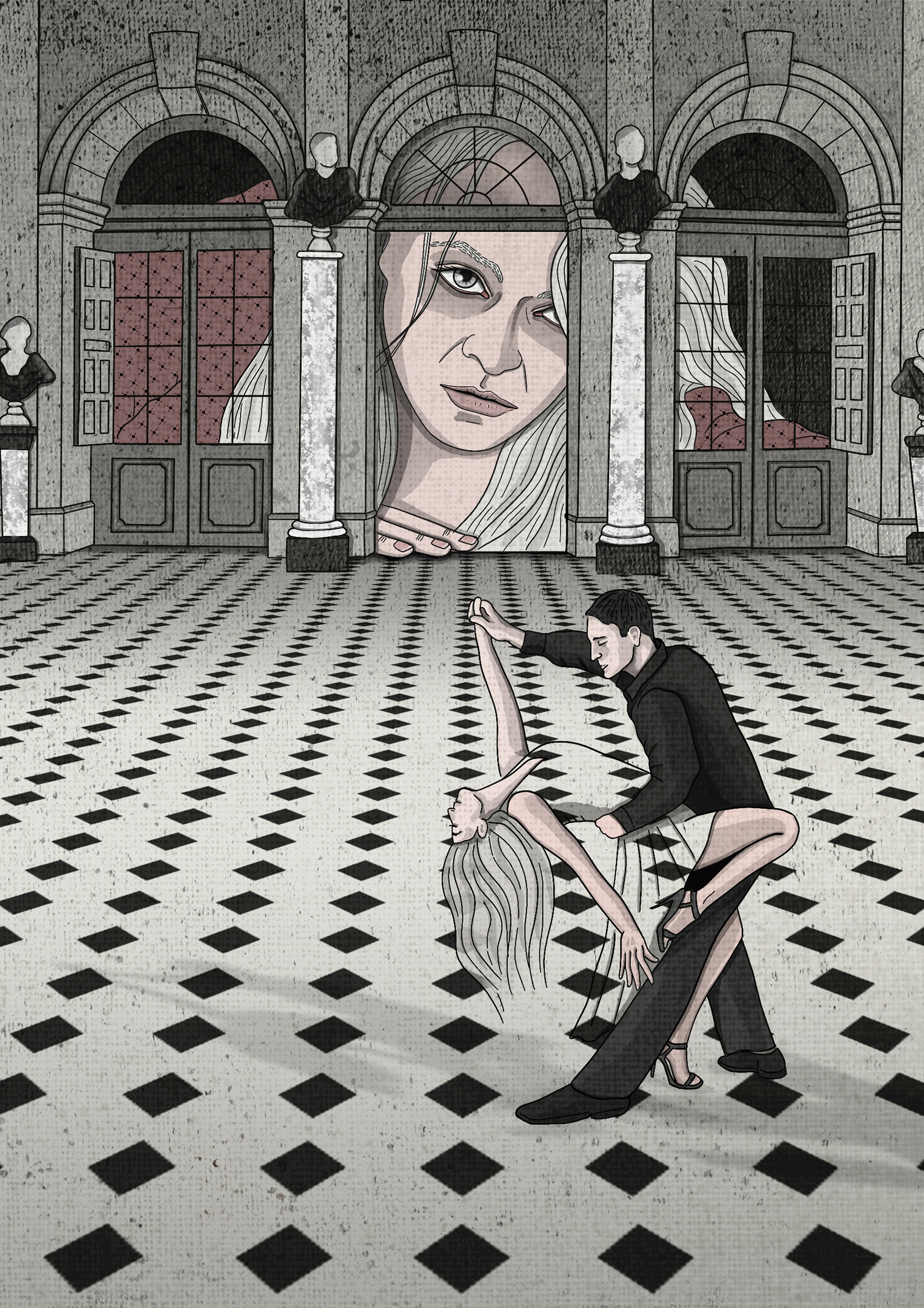 Street-art-style illustration of a woman watching a couple dance passionately - exploring the feelings of grief and regret