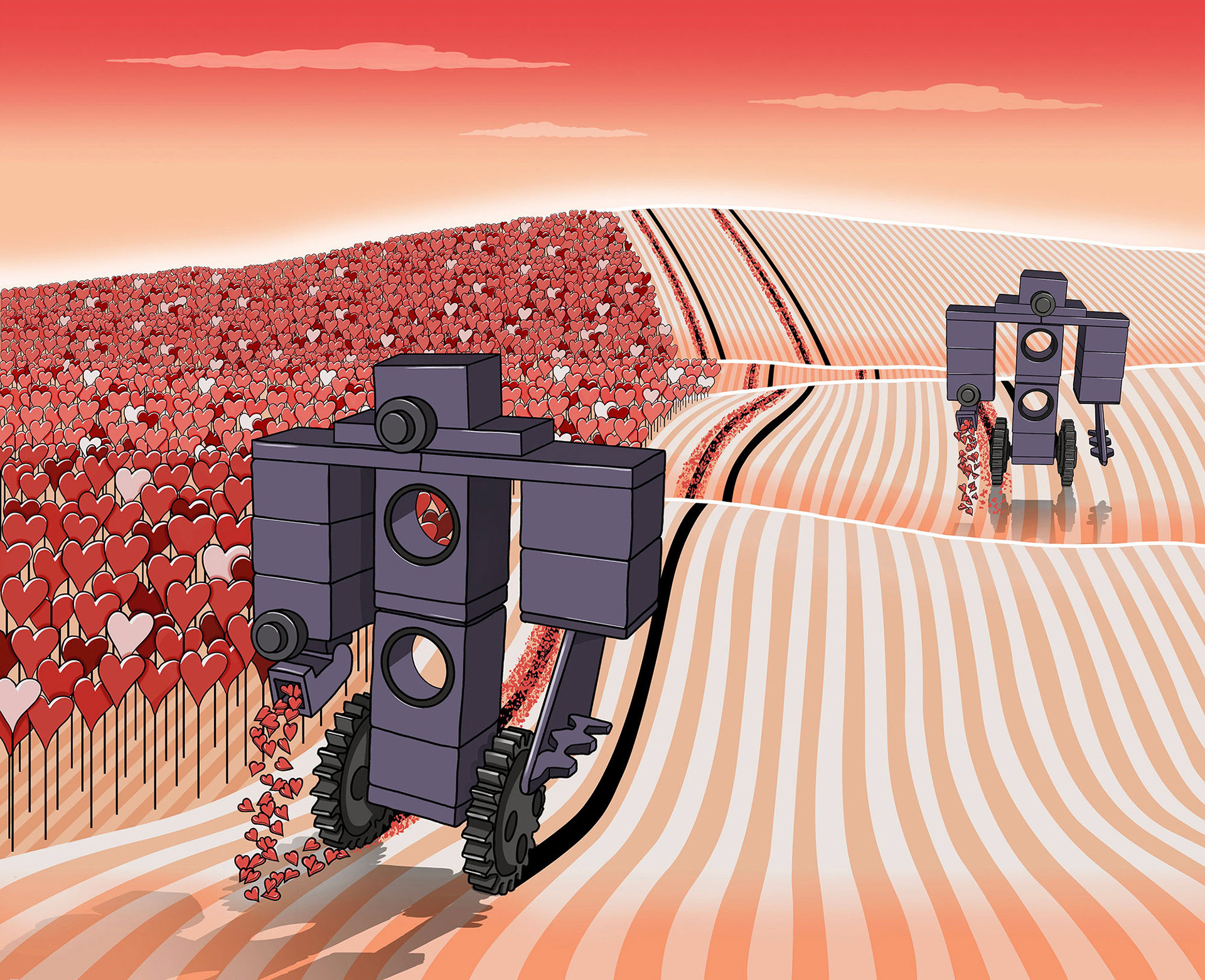 Children's book illustration showing robot-like characters walking through a landscape filled with hearts