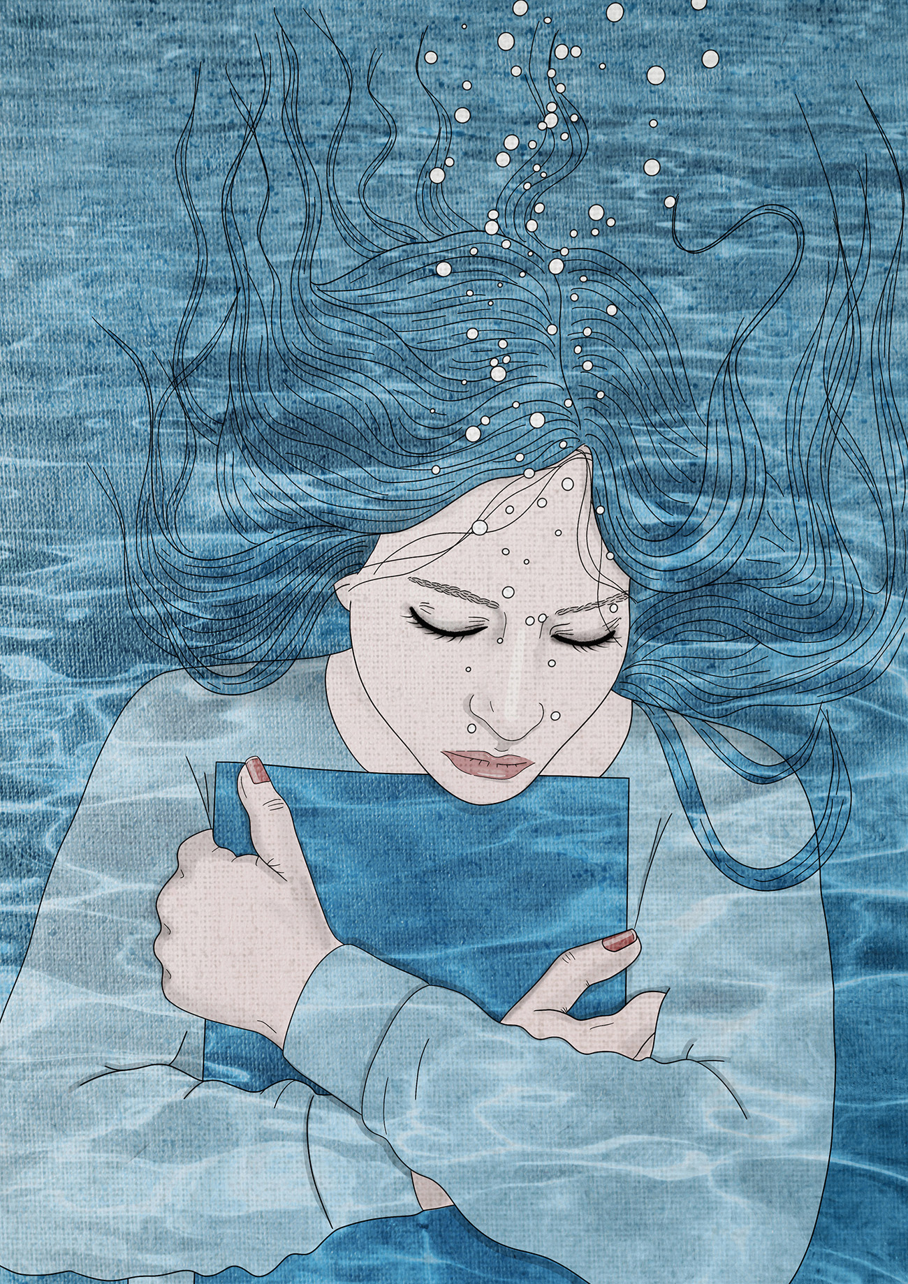 Street-art-style illustration of a woman sinking underwater - exploring the feeling of overwhelm