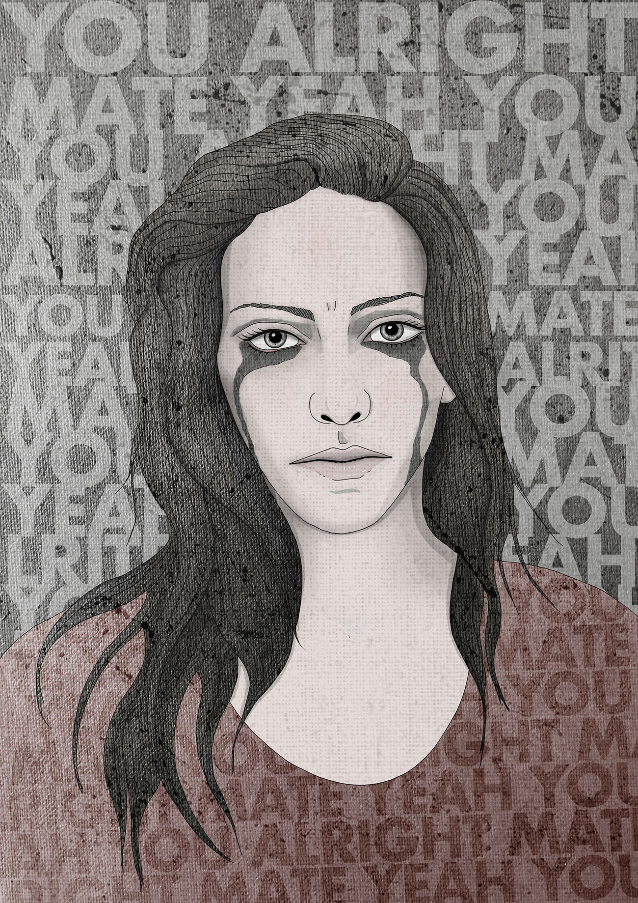 Street-art-style illustration of a woman with tears streaming down face, and the words You Alright Mate - exploring the feeling of depression 