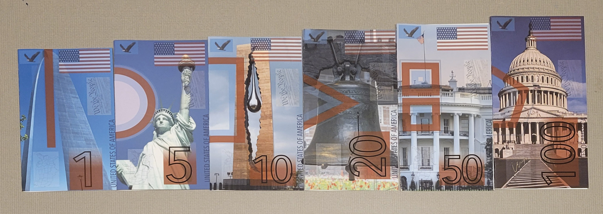 Here I have all the bills lined up next to each other to showcase the different sizing of each bill.