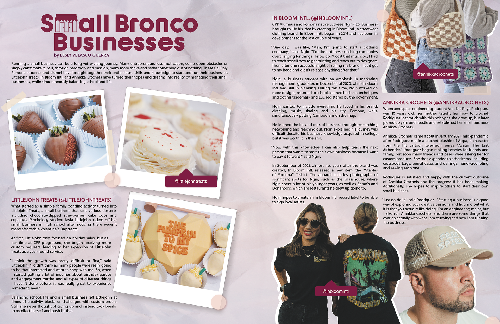 Layout spread on small businesses ran by CPP students (photographs provided by the small businesses)